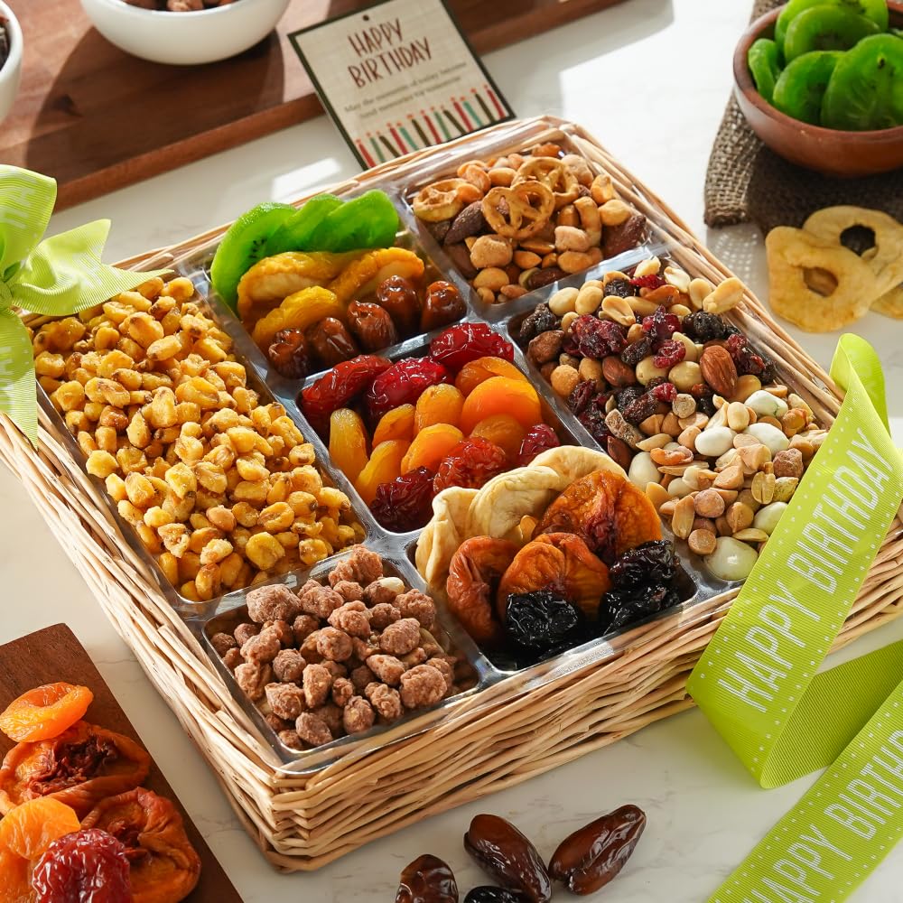 Broadway Basketeers Cesta de regalo de cumpleaños de frutas secas y frutos secos, un regalo de celebración saludable de primera calidad –