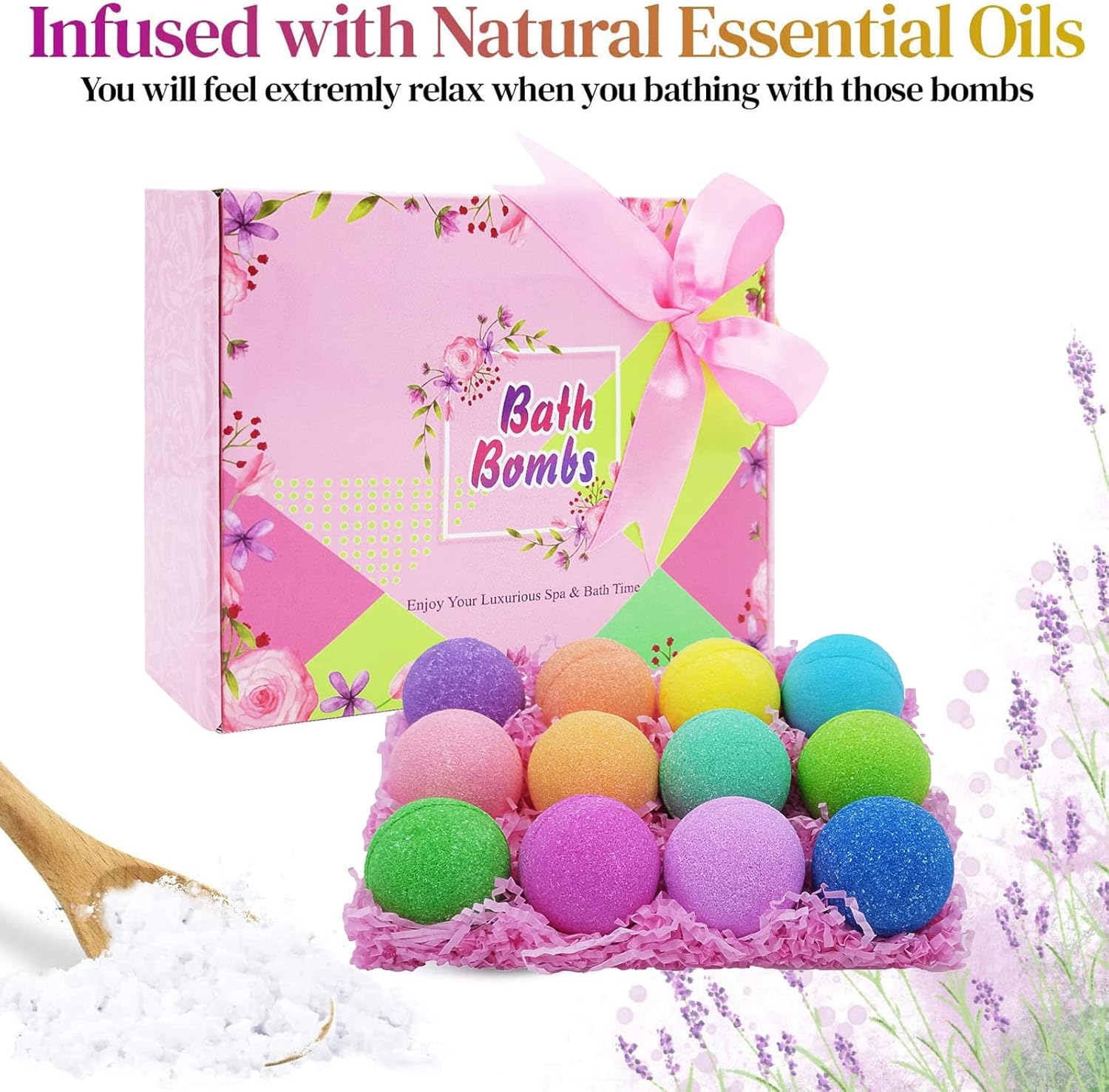 BOENFU Juego de 12 bombas de baño hechas a mano, aceites esenciales naturales orgánicos, hidratan la piel, regalos de lujo para niñas, esposa, mamá,