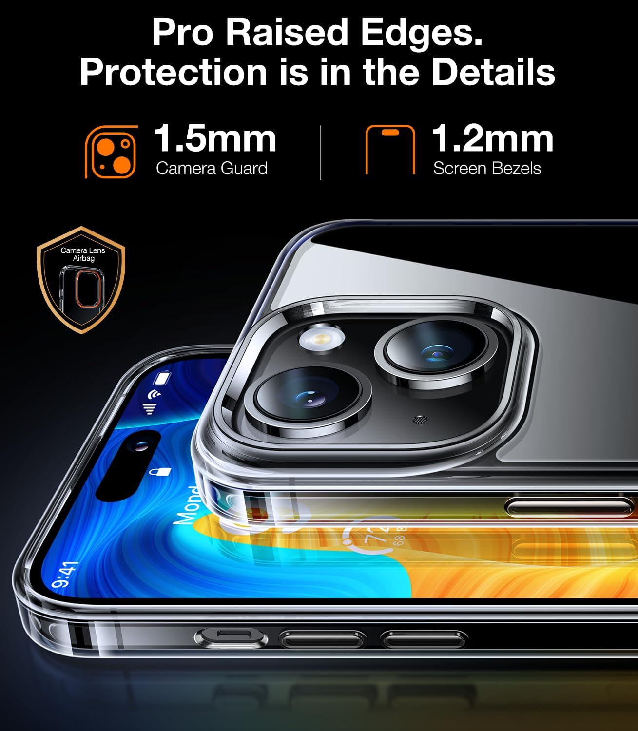 TORRAS Funda transparente con diseño de diamante para iPhone 15 nunca amarilla grado militar anticaídas parte trasera de policarbonato duro,
