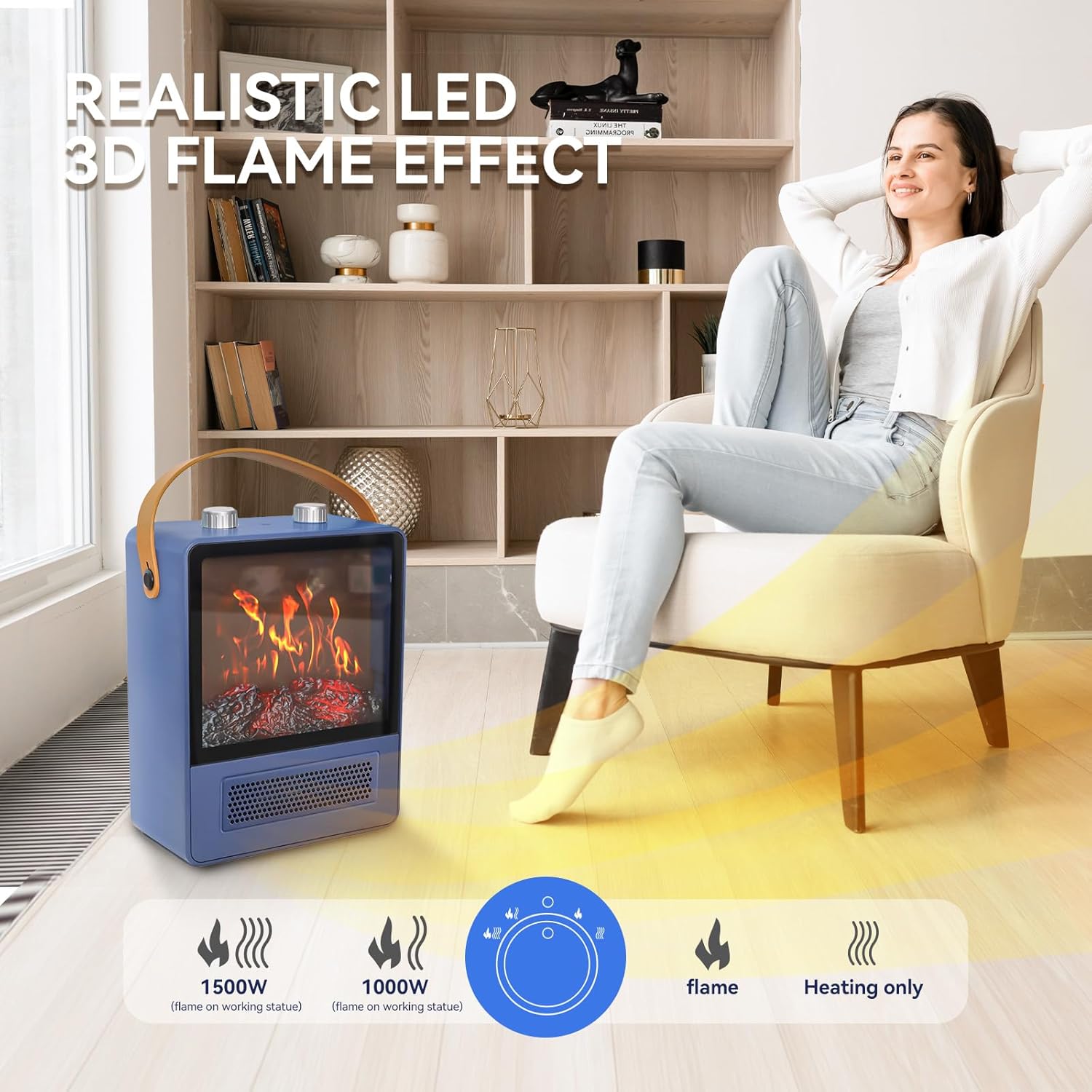 Calentador eléctrico de chimenea, calentador de espacio portátil de 1500 W, chimenea con efecto de llama 3D realista y protección de seguridad