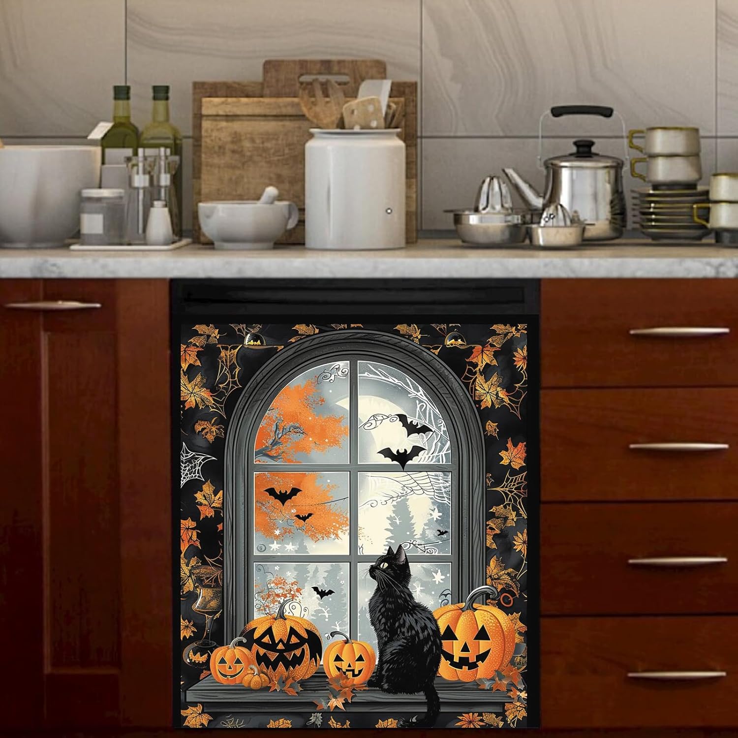 Calcomanía magnética para lavavajillas con diseño de calabaza y gato negro con diseño de murciélago y luna llena, para lavavajillas, panel para