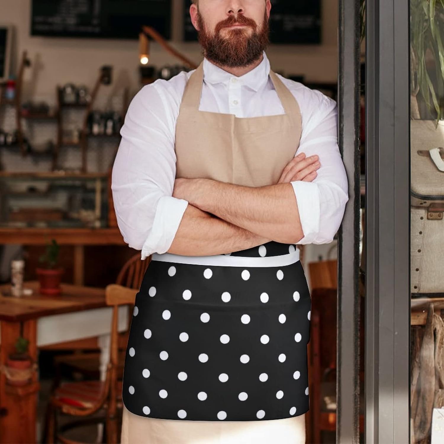 Delantales de cintura con patrón simple de lunares en blanco y negro con 3 bolsillos, para camarera, chef, medio delantal para mujeres, hombres,