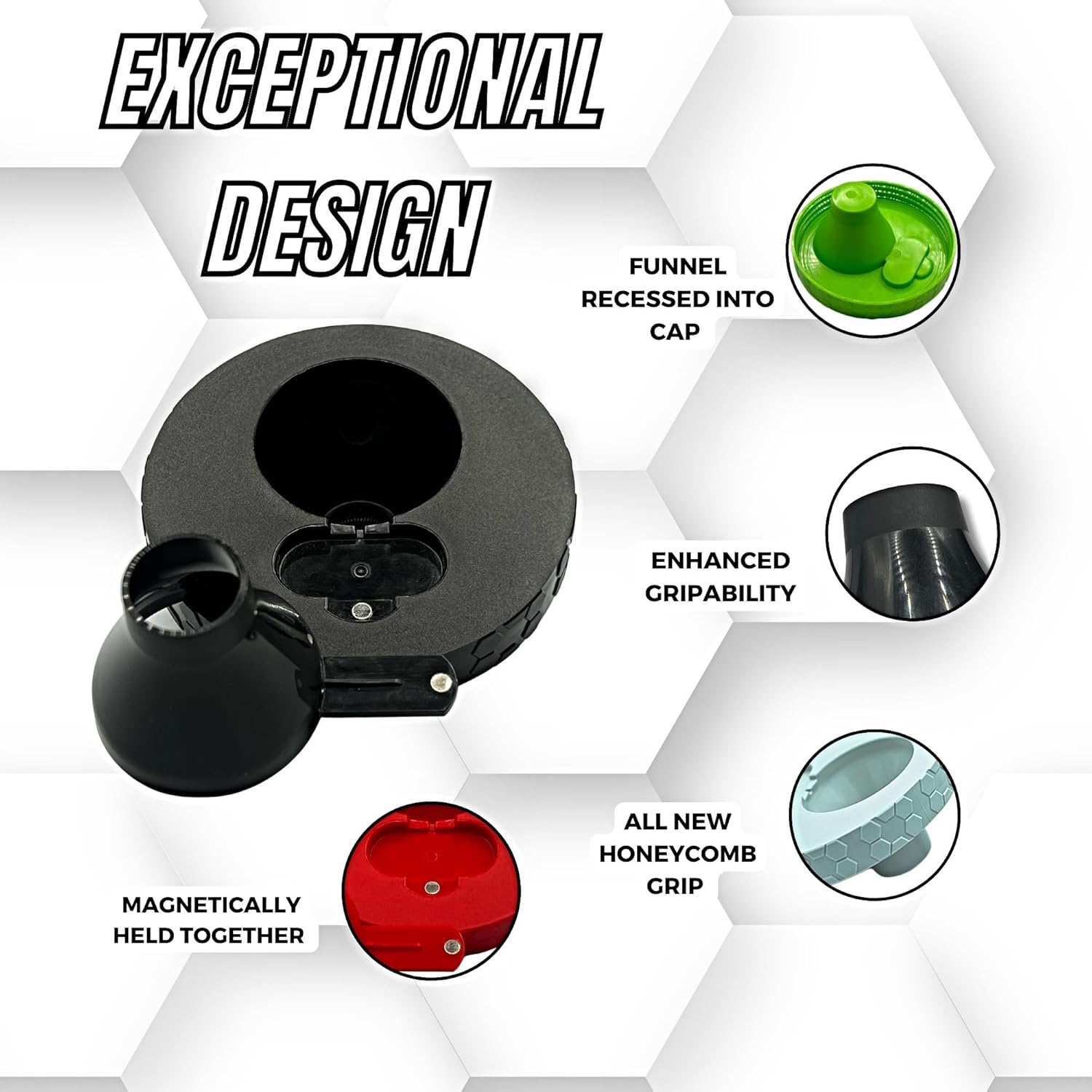 Smart Cap – Una tapa revisada con un embudo magnético empotrado, perfecta para polvos de suplemento y pre-entrenamiento. Fácil de limpiar, sin