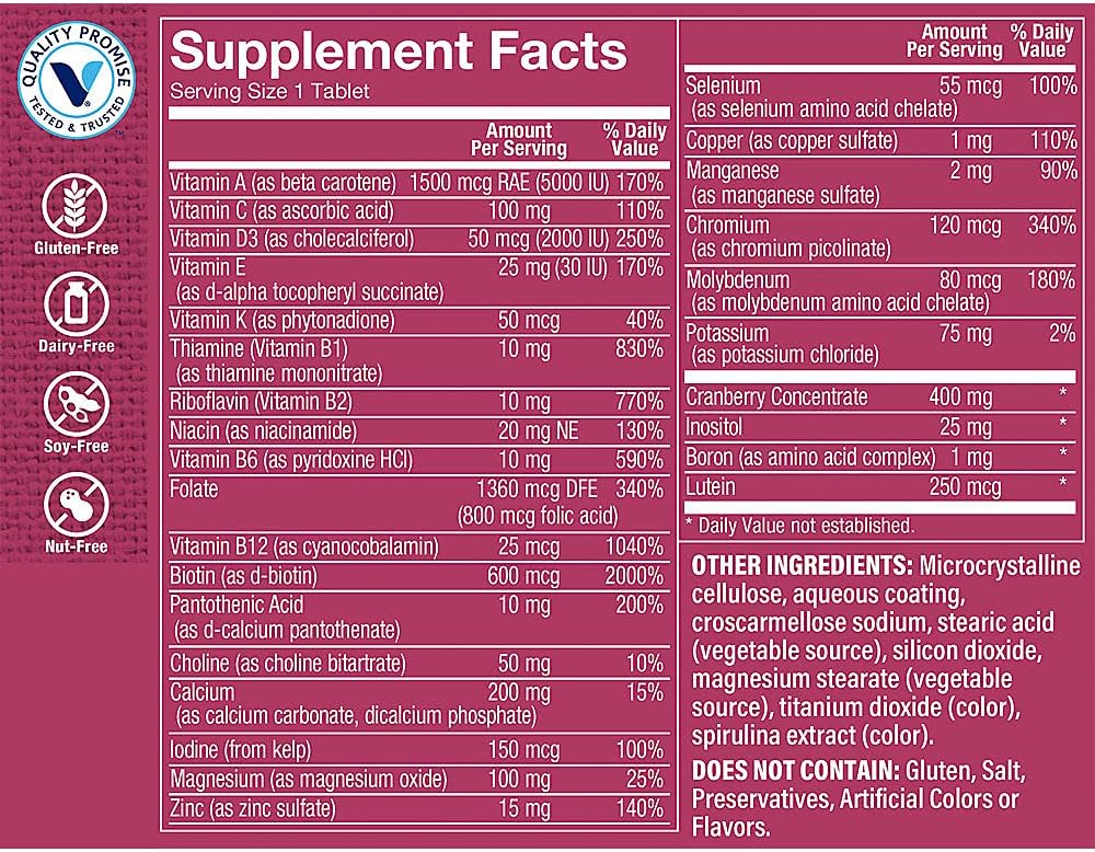 The Vitamin Shoppe One Daily Multivitamínico para mujer sin hierro, 2,000 UI de vitamina D3, suplemento multimineral, apoya la producción de