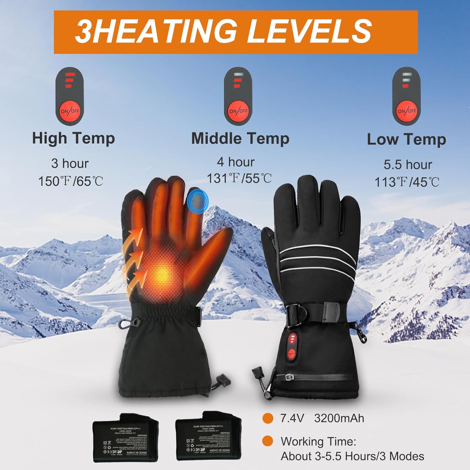 Heated Gloves for Men Women – 7.4V 6400 mAh Battery Rechargeable Electric Heated Gloves Touchscreen Waterproof Hand Warmer Gloves for Winter Hiking