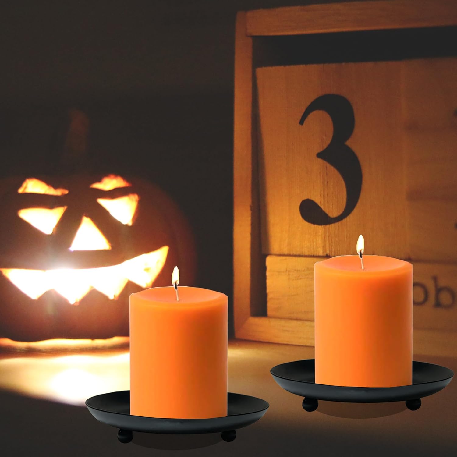 Juego de 3 portavelas de pilar para velas de pilar, platos y bandejas pequeños redondos de metal negro para centros de mesa de Navidad, Halloween