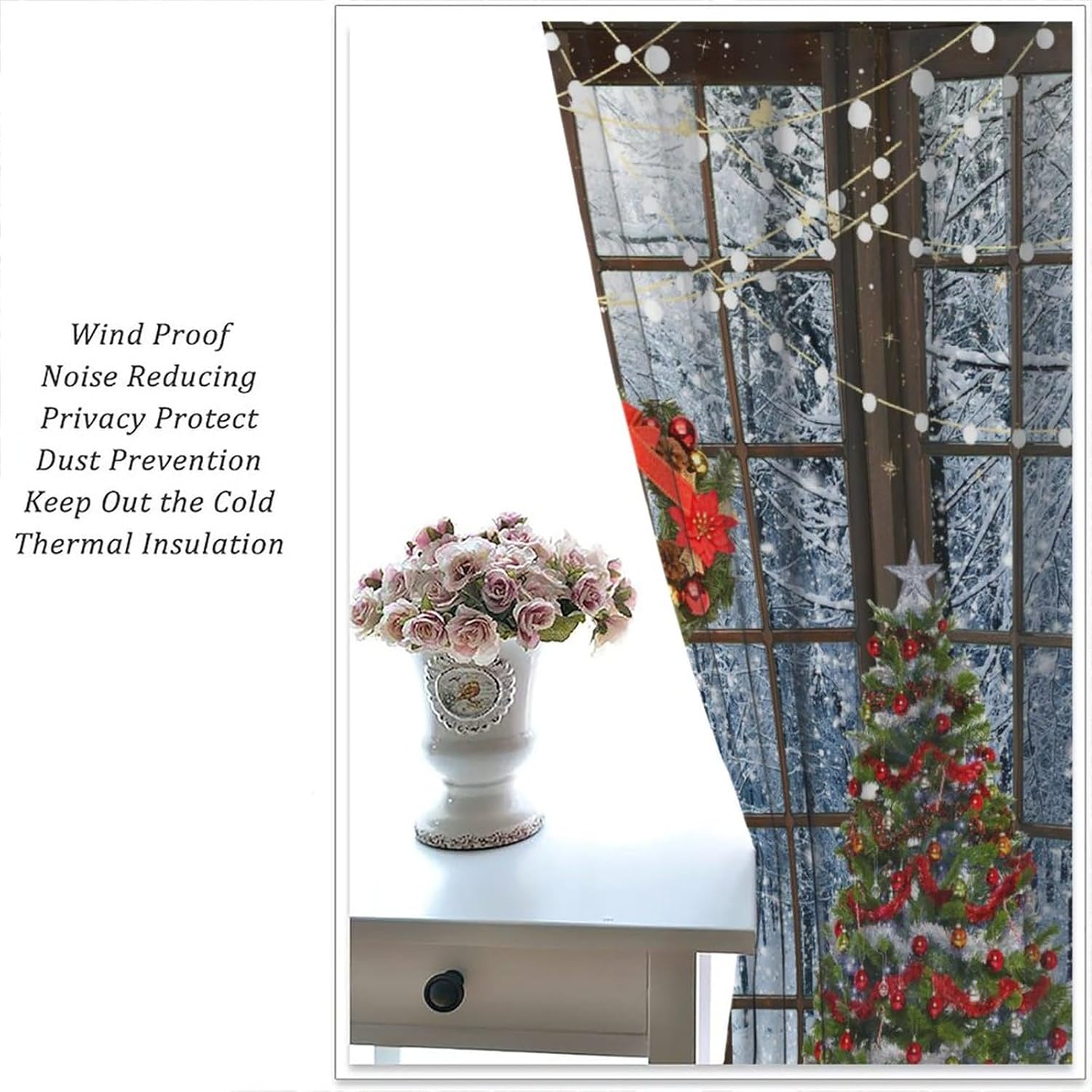 Cortinas de Navidad, regalo de árbol de Navidad de invierno, oso marrón, con purpurina, ventana, estampado de escenas de nieve, decoración del