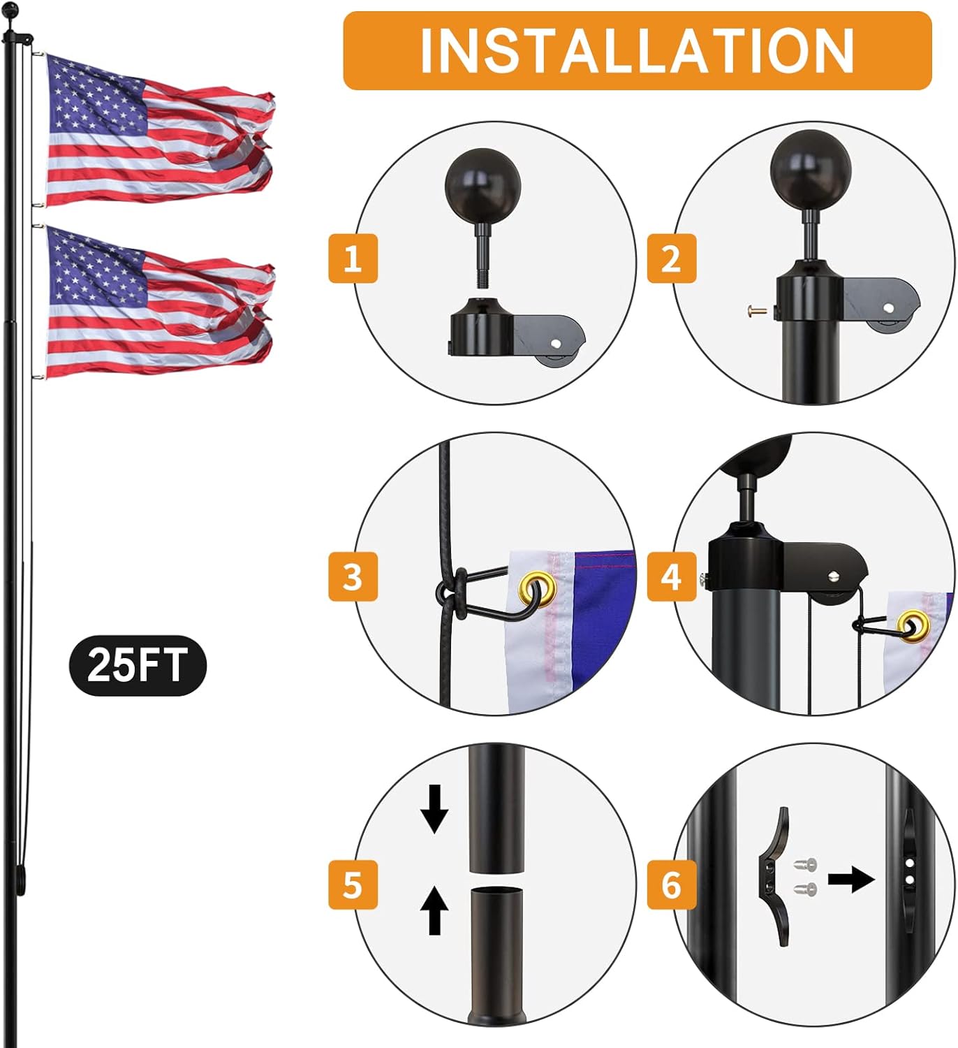 NELXINJO Kit de asta de bandera seccional de 25 pies, asta de bandera de aluminio resistente para exteriores, parte superior de bola negra, bandera