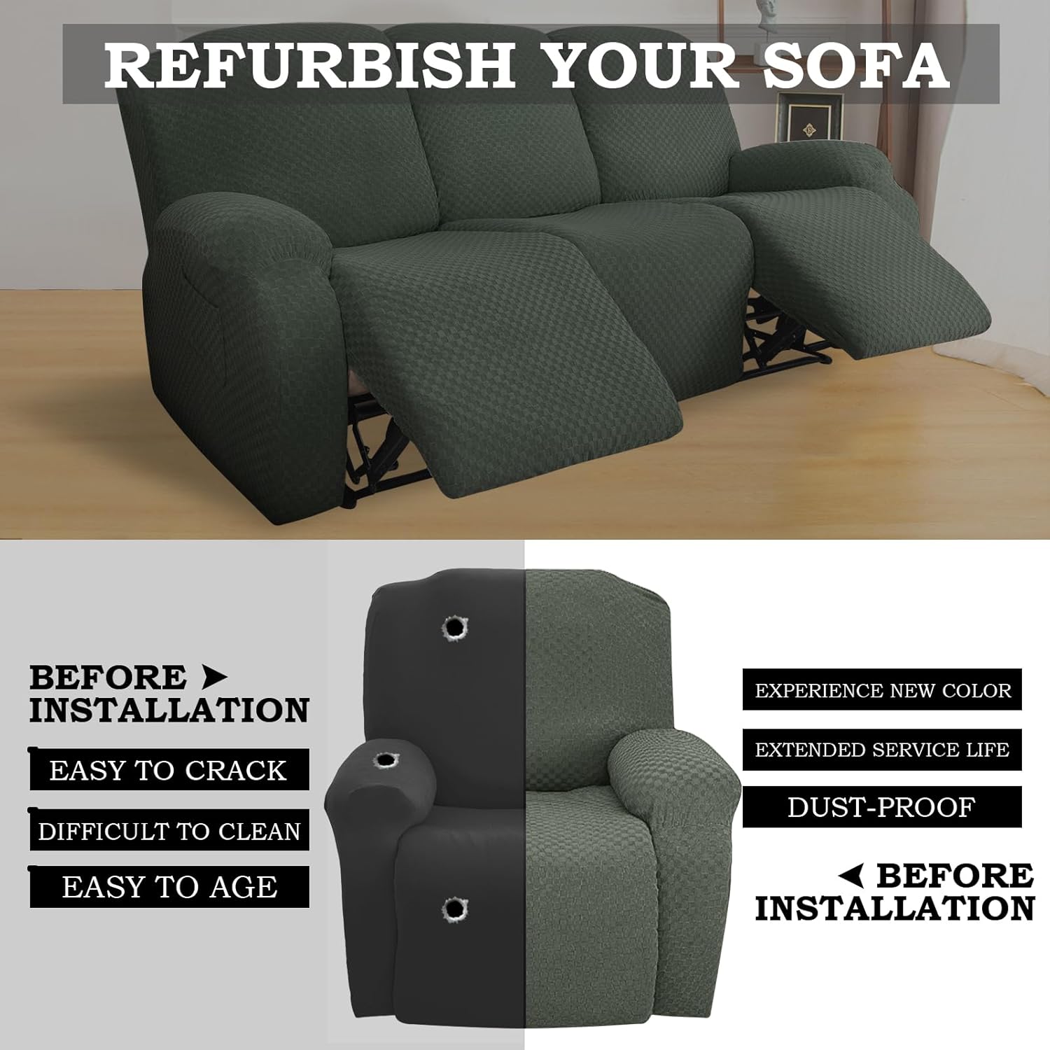 Lydevo Fundas elásticas para sofá reclinable, 8 piezas, fundas para sillas reclinables grandes, fundas para sofá reclinable de 3 asientos, lavable,