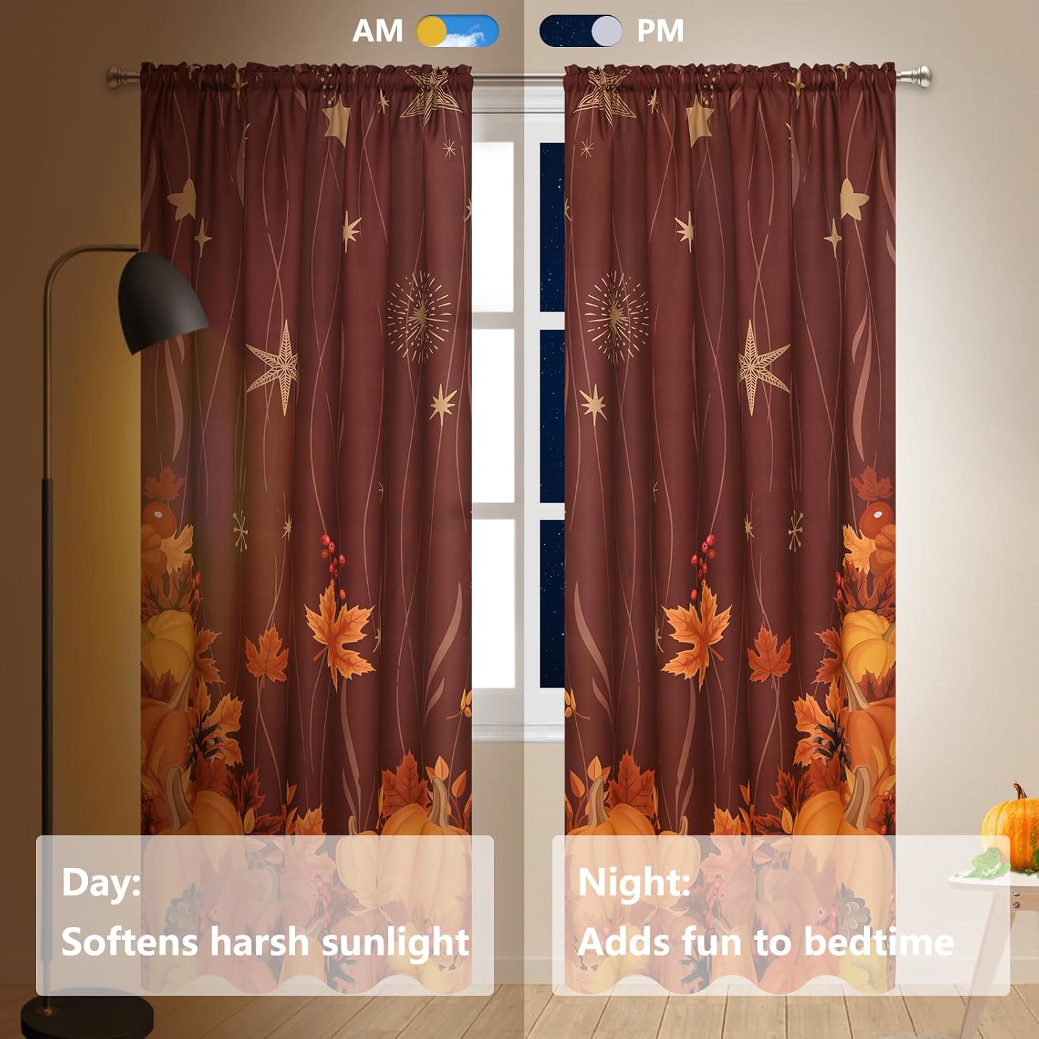 Alishomtll Cortinas de otoño de 63 pulgadas de largo, 2 paneles de cortinas de otoño, decoración de pared, cortinas de ventana de arce de calabaza