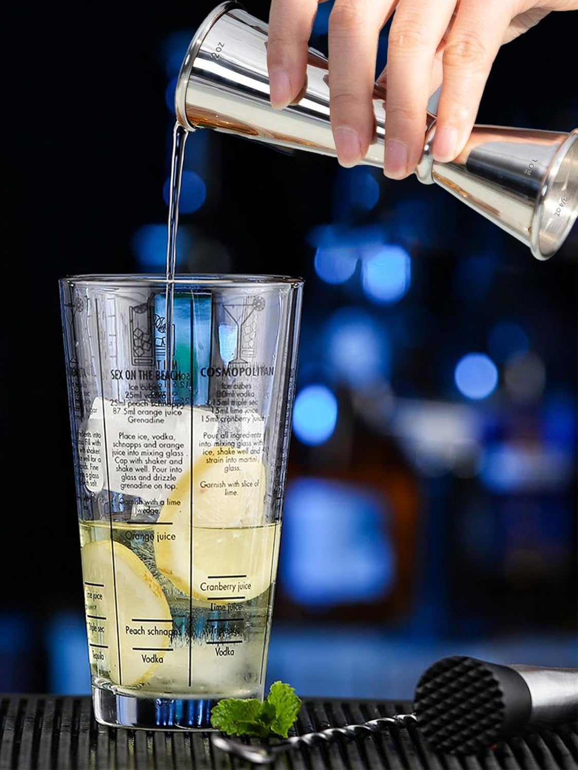 Juego de 4 cocteleras de 14 onzas, coctelera de vidrio Martini de 14 onzas, con doble jigger de medición (1 oz y 2 oz), mezclador de cóctel y