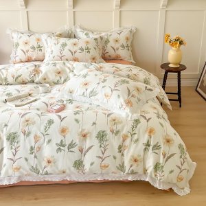 OTOB Juego de funda de edredón floral, tamaño Queen, color beige, 100% algodón, con cierre de cremallera, 4 lazos para todas las estaciones, funda OTOB Juego de funda de edredón floral, tamaño Queen, color beige, 100% algodón, con cierre de cremallera, 4 lazos para todas las estaciones, funda