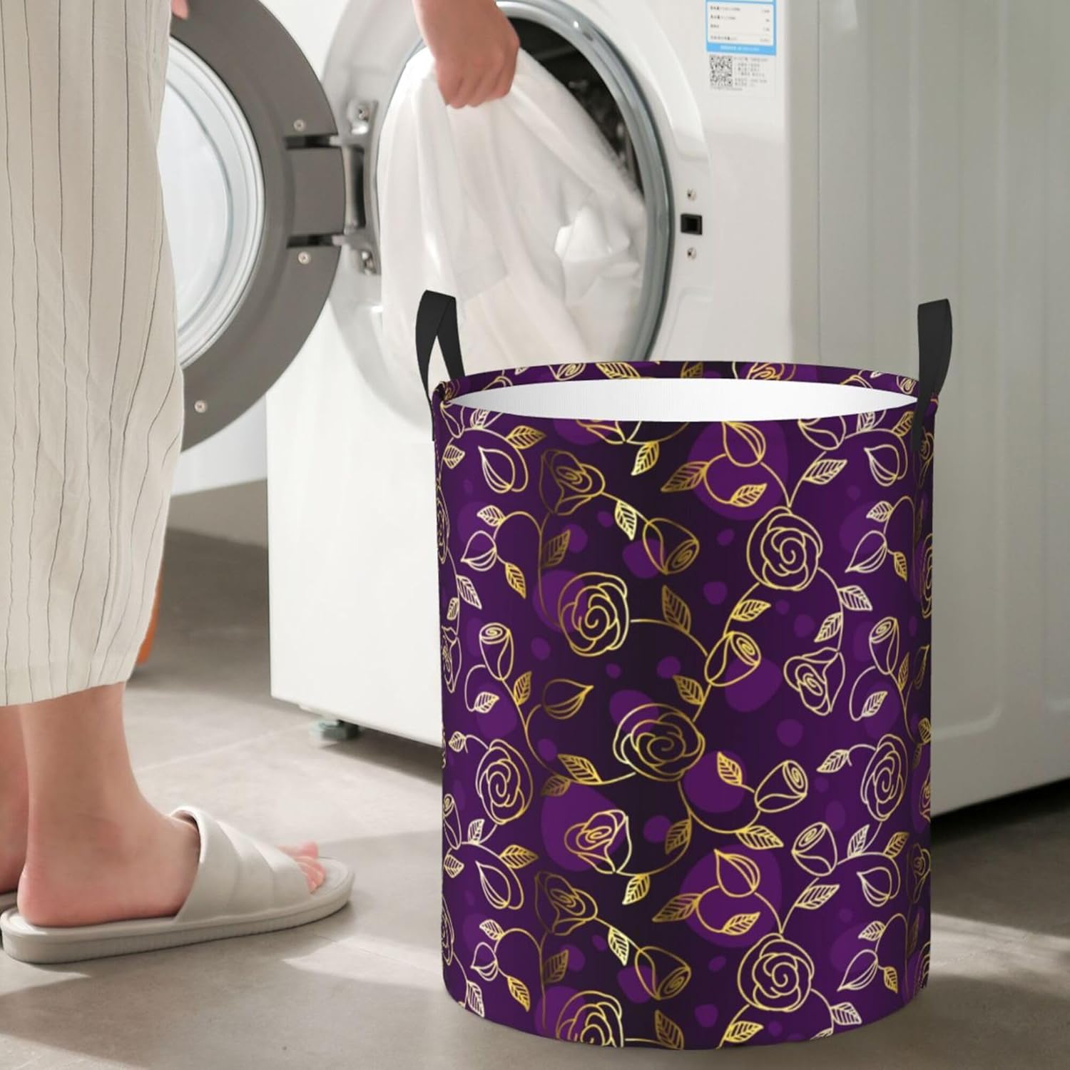 Cesta de lavandería con asas, para ropa sucia, juguetes, organiza almacenamiento, compatible con flores florales, moradas y doradas, cesta de