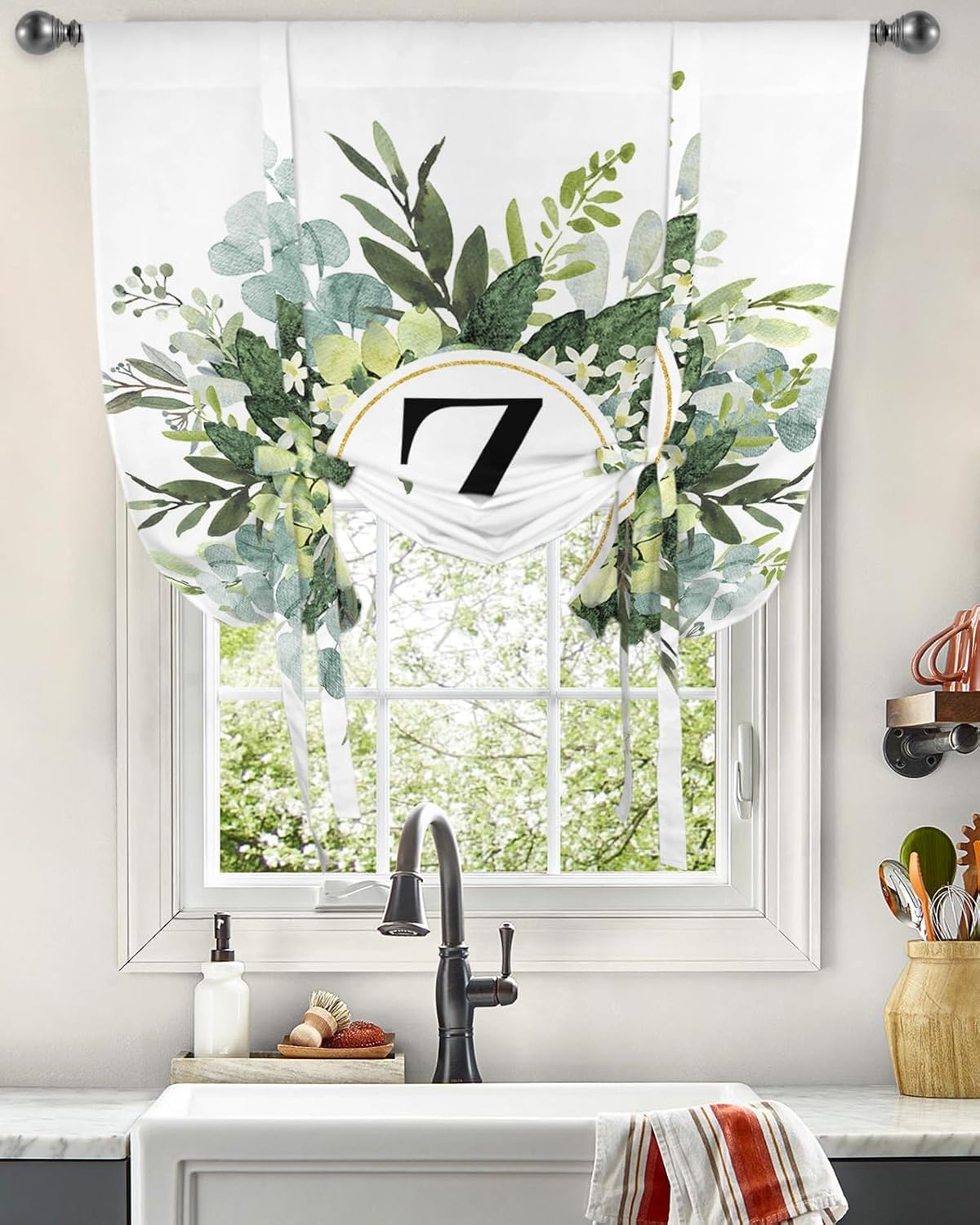Cortinas de amarre con hojas de eucalipto para cocina, sala de estar, aislamiento térmico, ajustable, panel de bolsillo para cortinero, para ventana