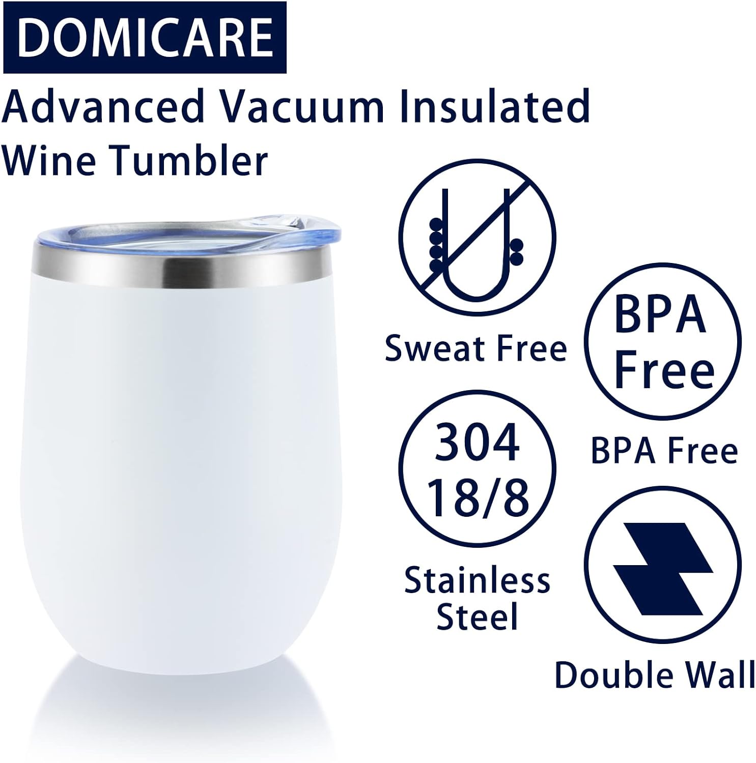 DOMICARE – Vaso de vino de 12onzas con tapa, hecho de acero inoxidable con aislamiento al vacío de doble pared, paquete de 1 unidad, color blanco
