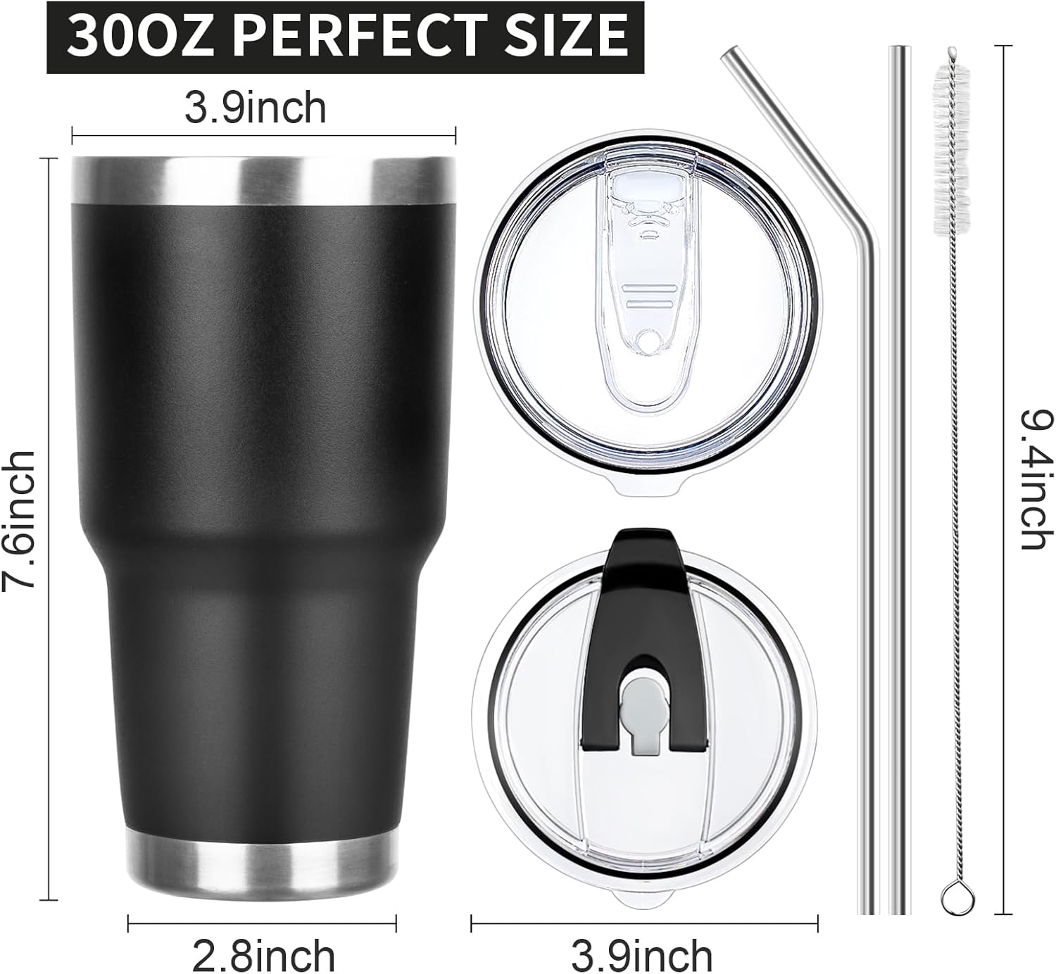Vaso de 30 onzas con tapas y pajillas, vaso aislado al vacío de doble pared, de acero inoxidable, a prueba de fugas, con recubrimiento en polvo,