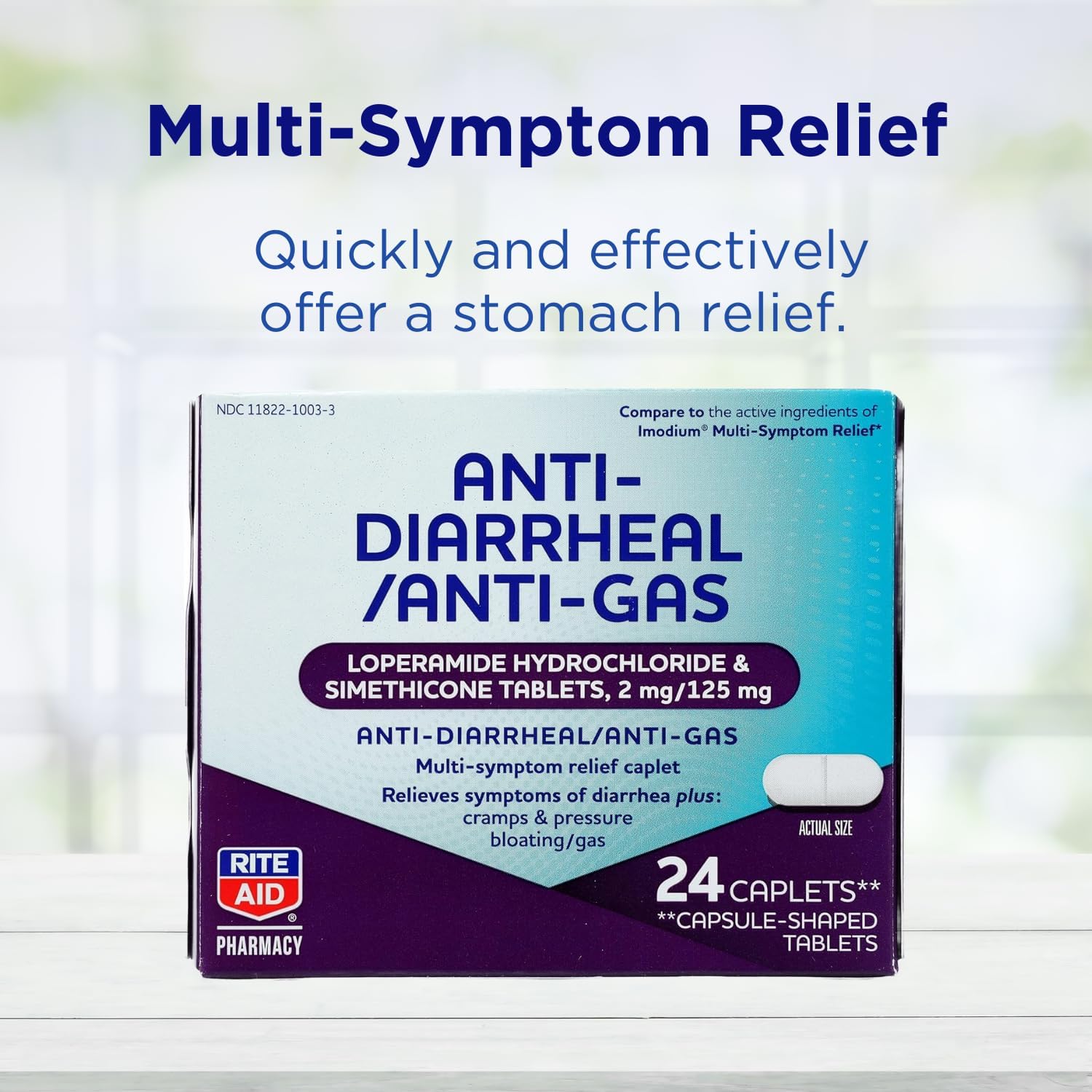 Rite Aid Comprimidos antidiarreicos y antigases, 24 unidades, alivio multisíntoma para diarrea y gases, loperamida HCI 2 mg y simeticona 125 mg,