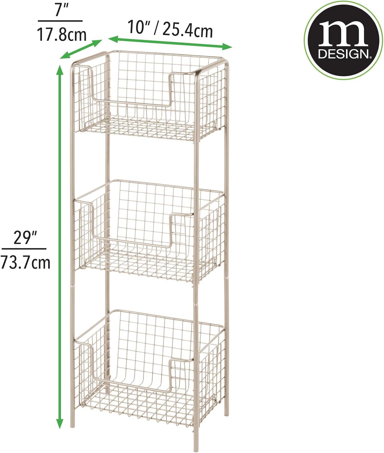 mDesign – Estantería vertical de 3 niveles para baño, organizador de almacenamiento de metal decorativo con 3 cestas para guardar y organizar