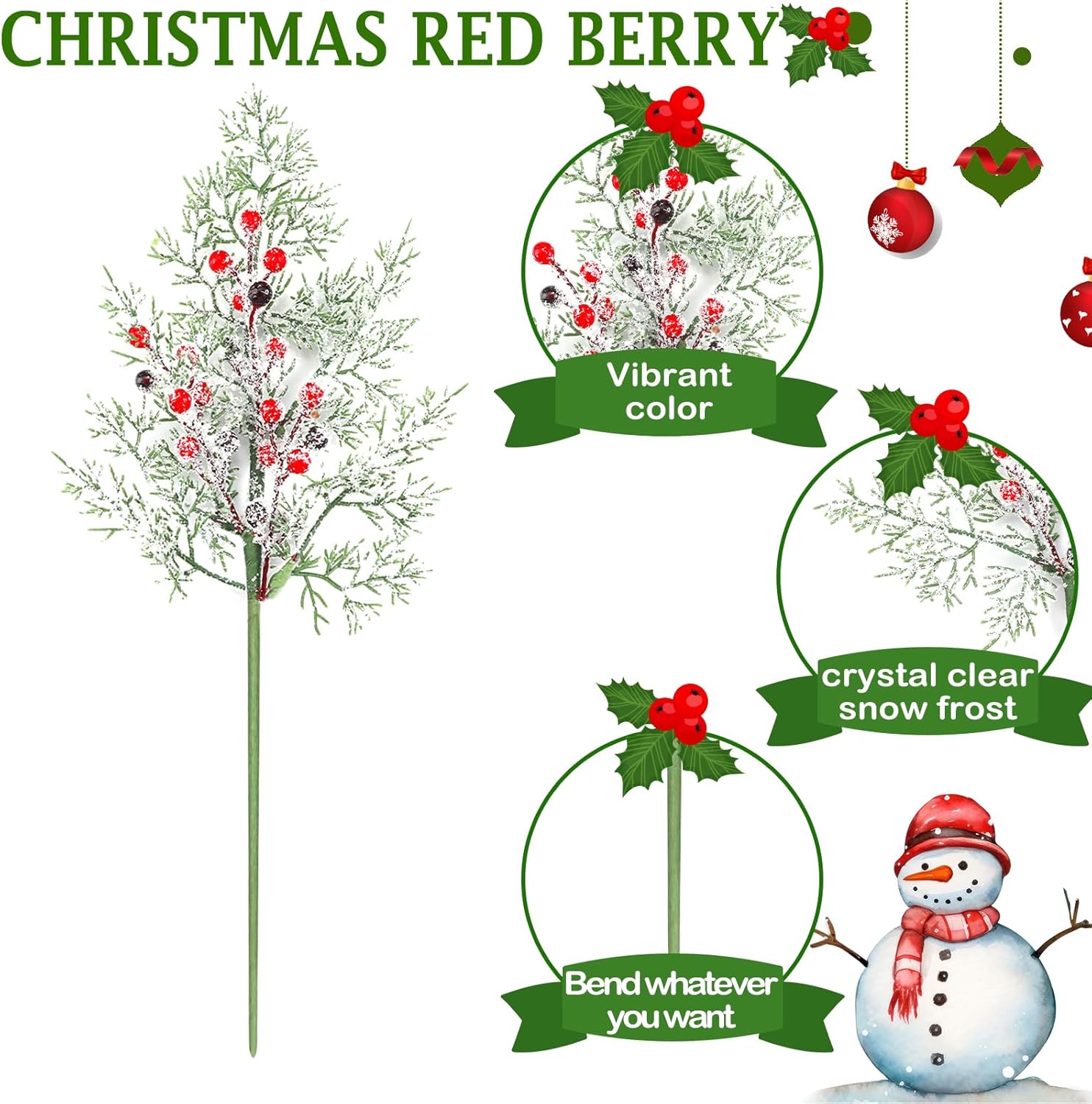 Yinder 24 piezas de bayas rojas de Navidad de 17 pulgadas nevadas artificiales esmeriladas bayas rojas de acebo picas de cedro, tallos de pino,