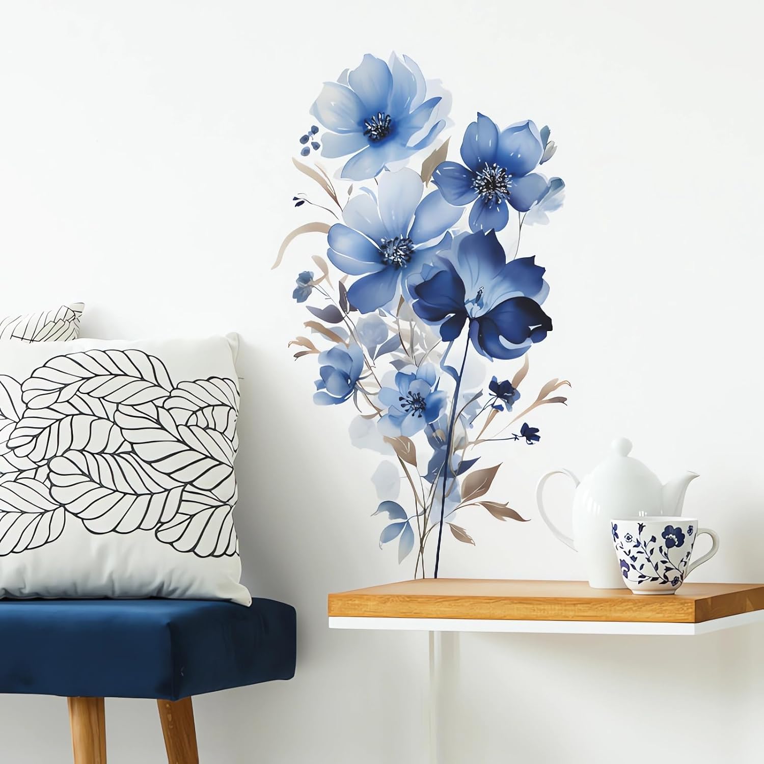 Calcomanías de pared con diseño de margaritas y peonías de sirena azul, calcomanías de pared de arte floral de rosas de acuarela de sacinora