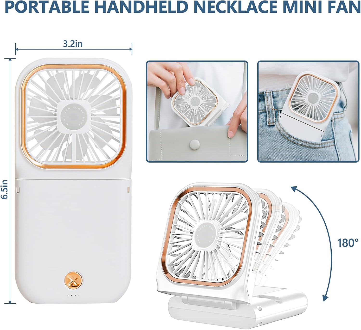 Ventilador portátil de mano para collar personal, plegable, mini ventilador recargable por USB silencioso con función de soporte para teléfono