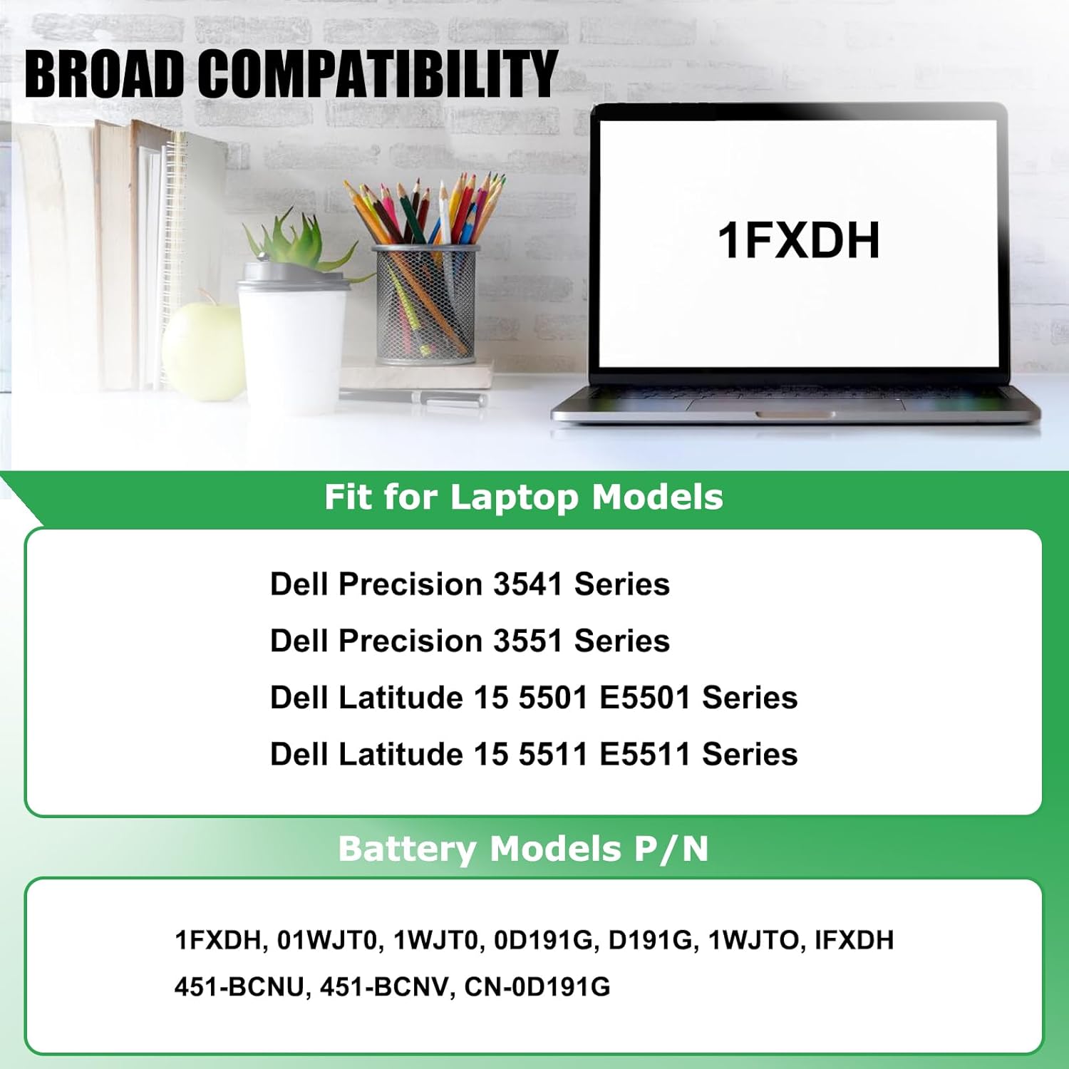 1FXDH – Batería de repuesto para laptop Dell Latitude 15 5501 5511 E5501 E5511 Precision 3541 3551 Series Notebook 01WJT0 1WJT0 0D191G D191G