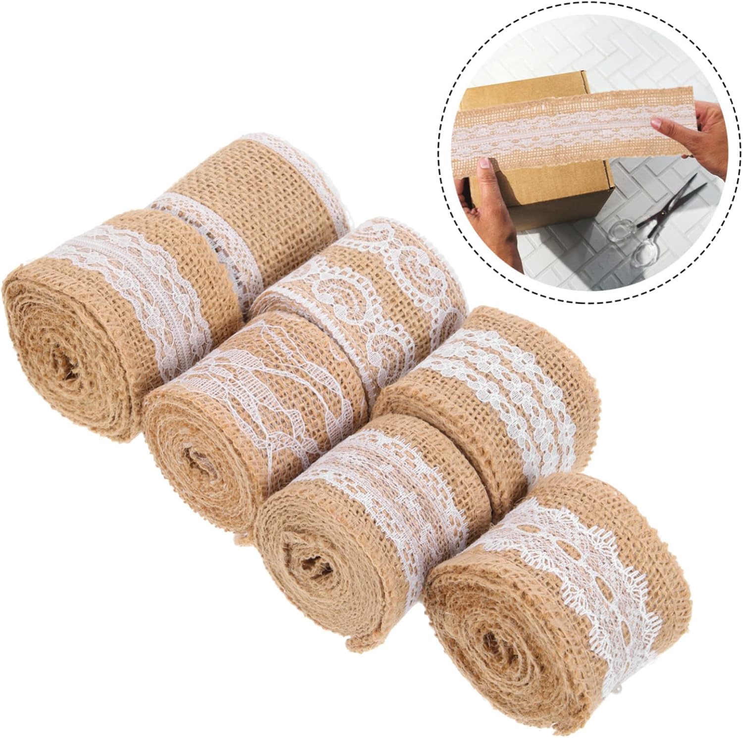 NOLITOY 7 Rolls Lace Burlap Roll Jute Lace Ribbon Wwrapping Ribbon Burlap Bow Farmhouse Ribbon for Crafts Lace Trims Tape Burlap Lace Ribbon Fabric