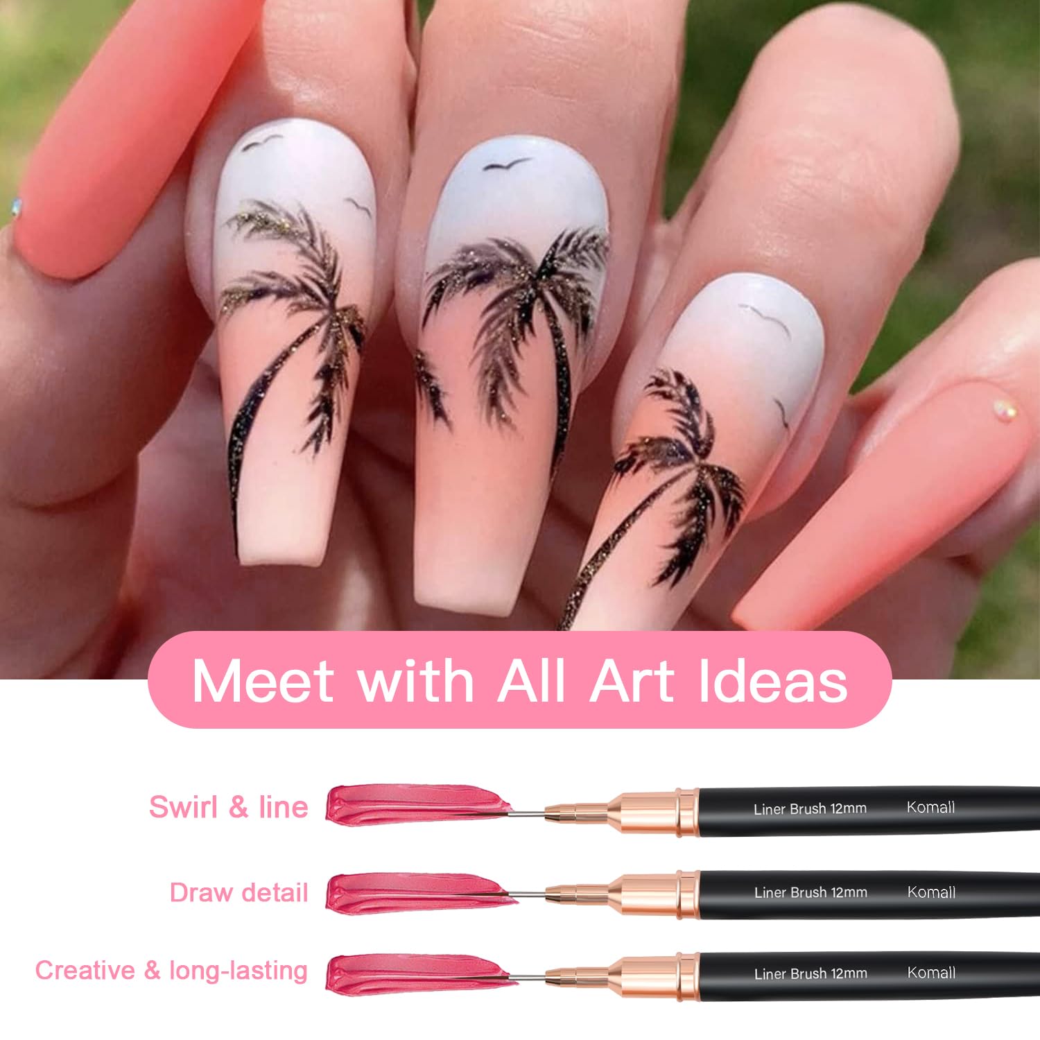 Komall Juego de 5 pinceles para arte de uñas, juego de 5 pinceles de pintura para uñas para líneas largas, detalles finos, tamaños de dibujo fino de