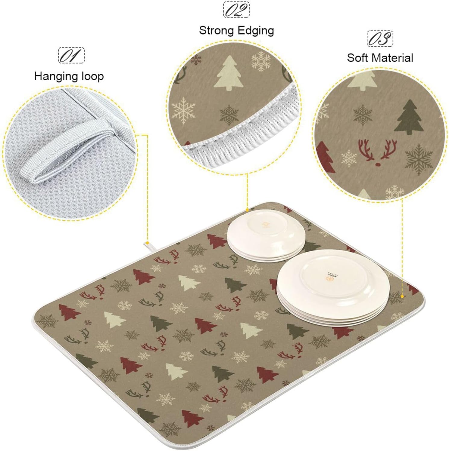 Tapete de secado de platos con copos de nieve y ciervos de Navidad, lavable, absorbente, bandeja escurridor de platos, tapete para cocina, 16 x 18