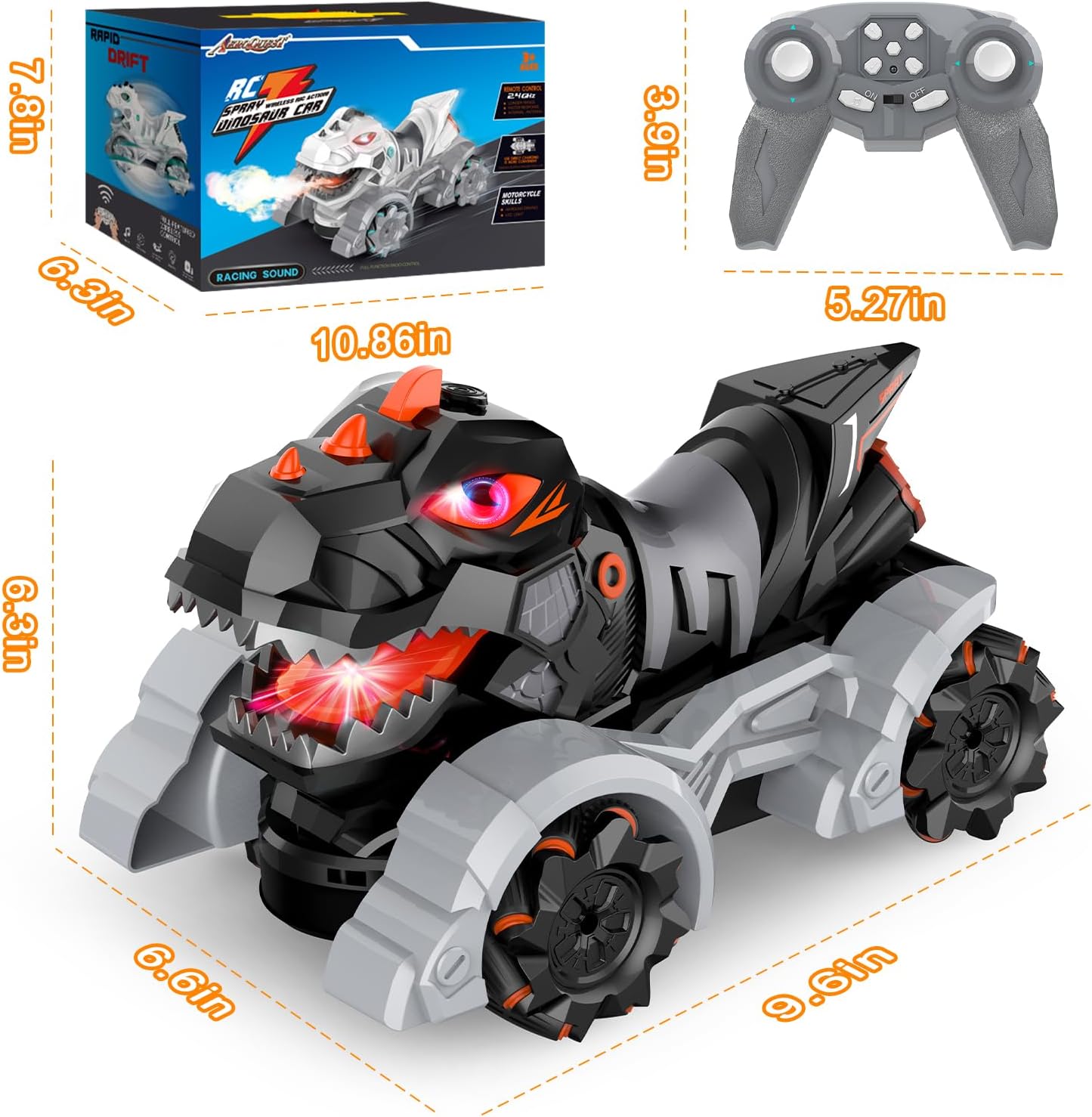 Autos RC Juguetes de dinosaurio, 114, 2.4 GHz, auto de control remoto, camiones monstruos con música ligera y aerosol, 1200 mAh recargable RC
