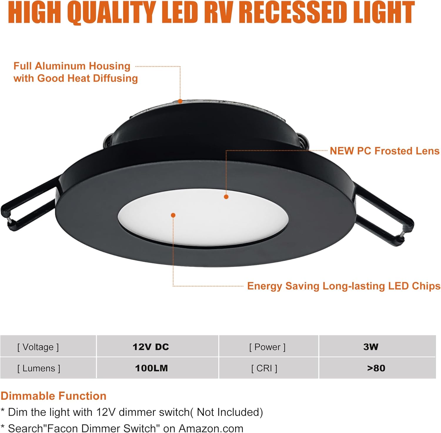 Facon Luz LED de disco de 3 pulgadas, 12 V, súper delgada, empotrada, luz interior de 12 voltios para casas rodantes, caravanas, caravanas,