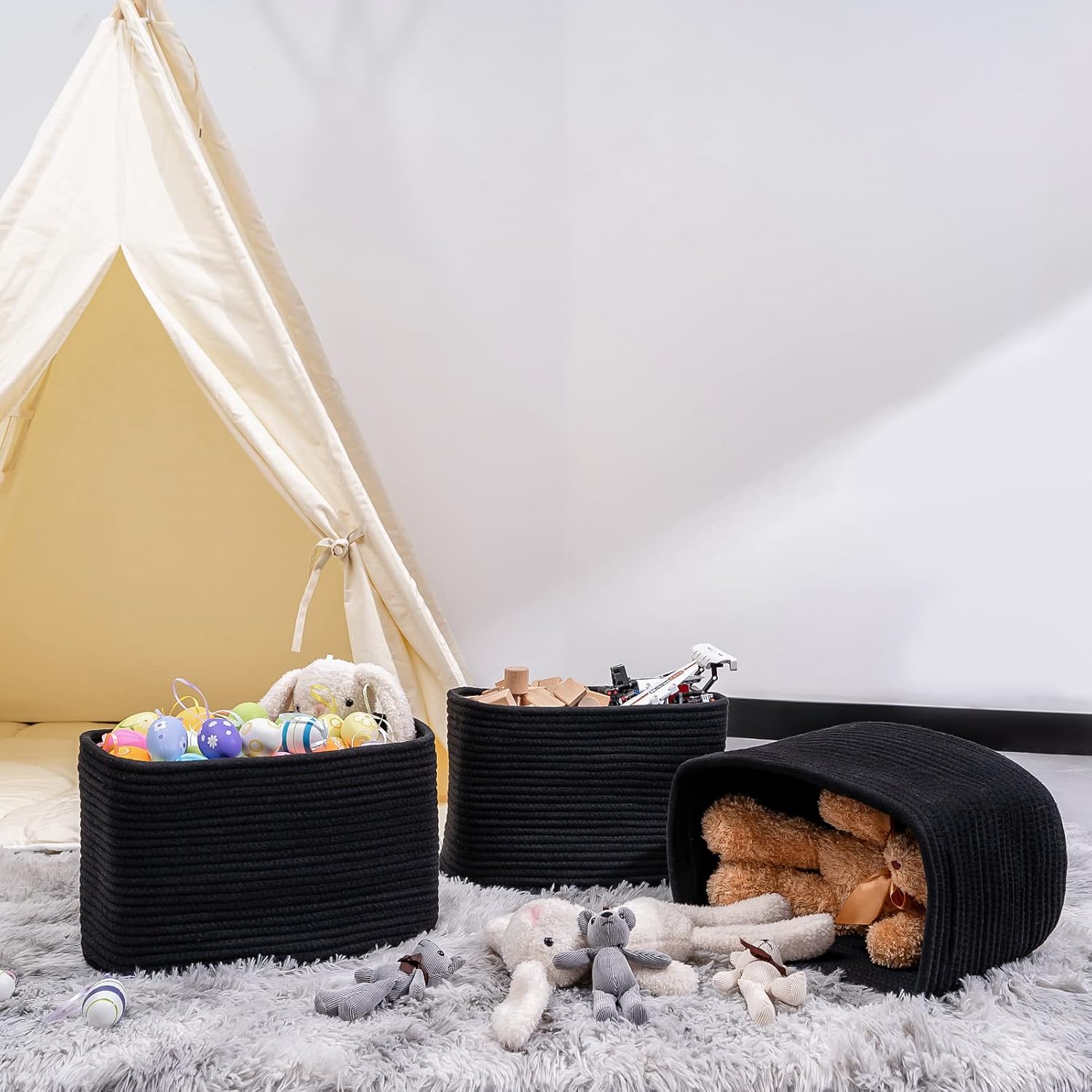 Kriitools Black Woven Rope Storage Cube Baskets for Organizing, Closet Storage Baskets Bins for Shelves, Baby Nursery Towel Toy Cube Bins,