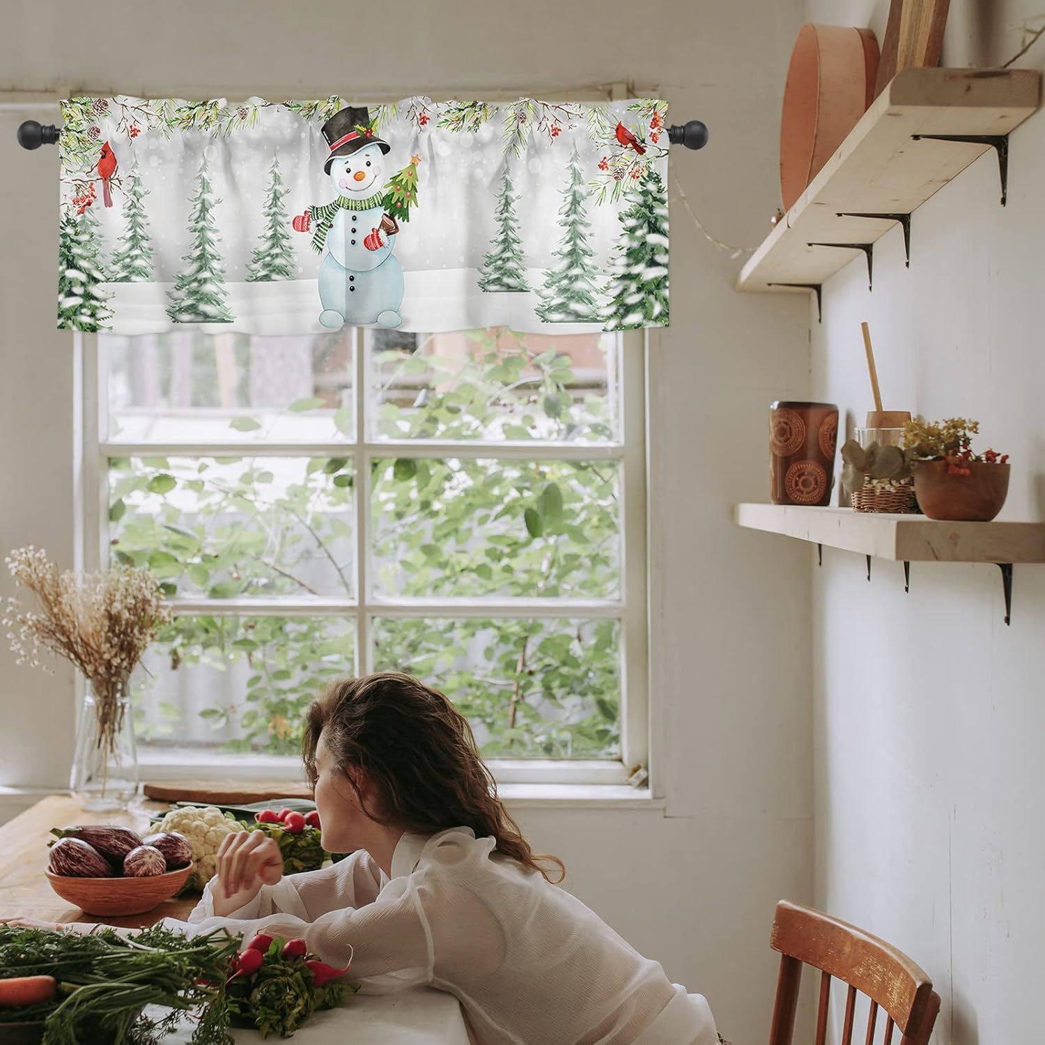 ALAGEO Cenefas de Navidad para ventanas de cocina, cenefas de árbol de Navidad cardenal rojo, cenefas de vacaciones con bolsillo para barra,