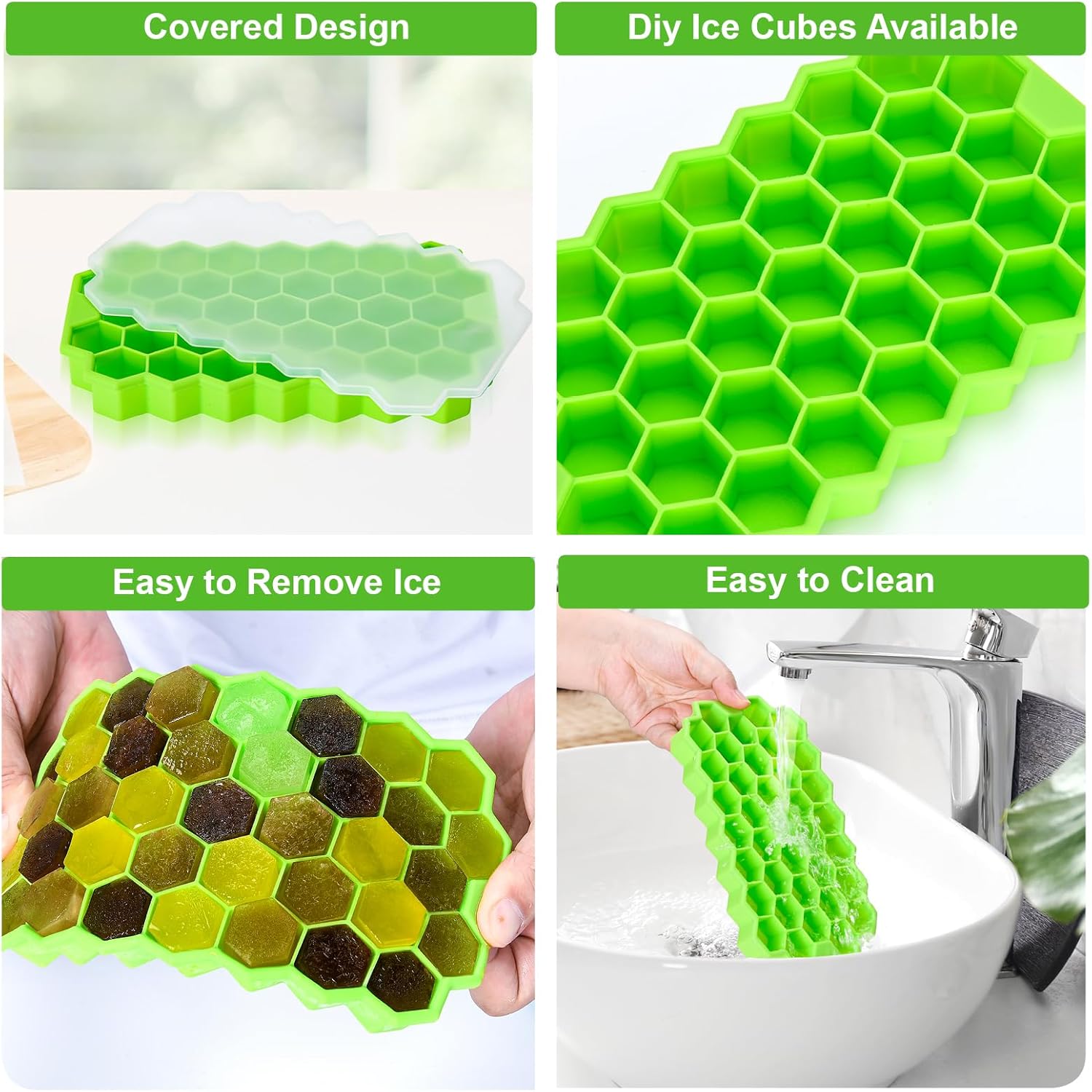 Bandeja para cubitos de hielo mejorada, paquete de 2 bandejas flexibles de silicona para cubitos de hielo, cubitos de hielo reutilizables de fácil