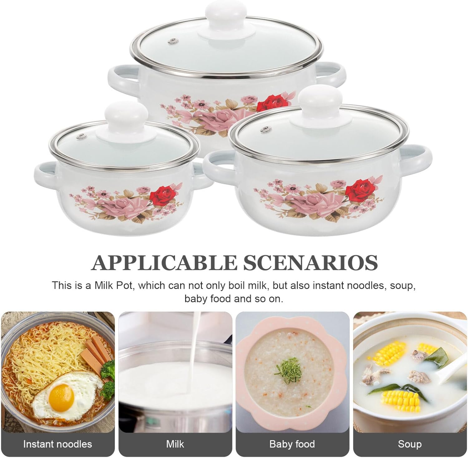 HEMOTON Utensilios de cocina esmaltados para camping, paquete de 3 ollas antiadherentes con tapa, olla de sopa esmaltada con asas que se mantienen