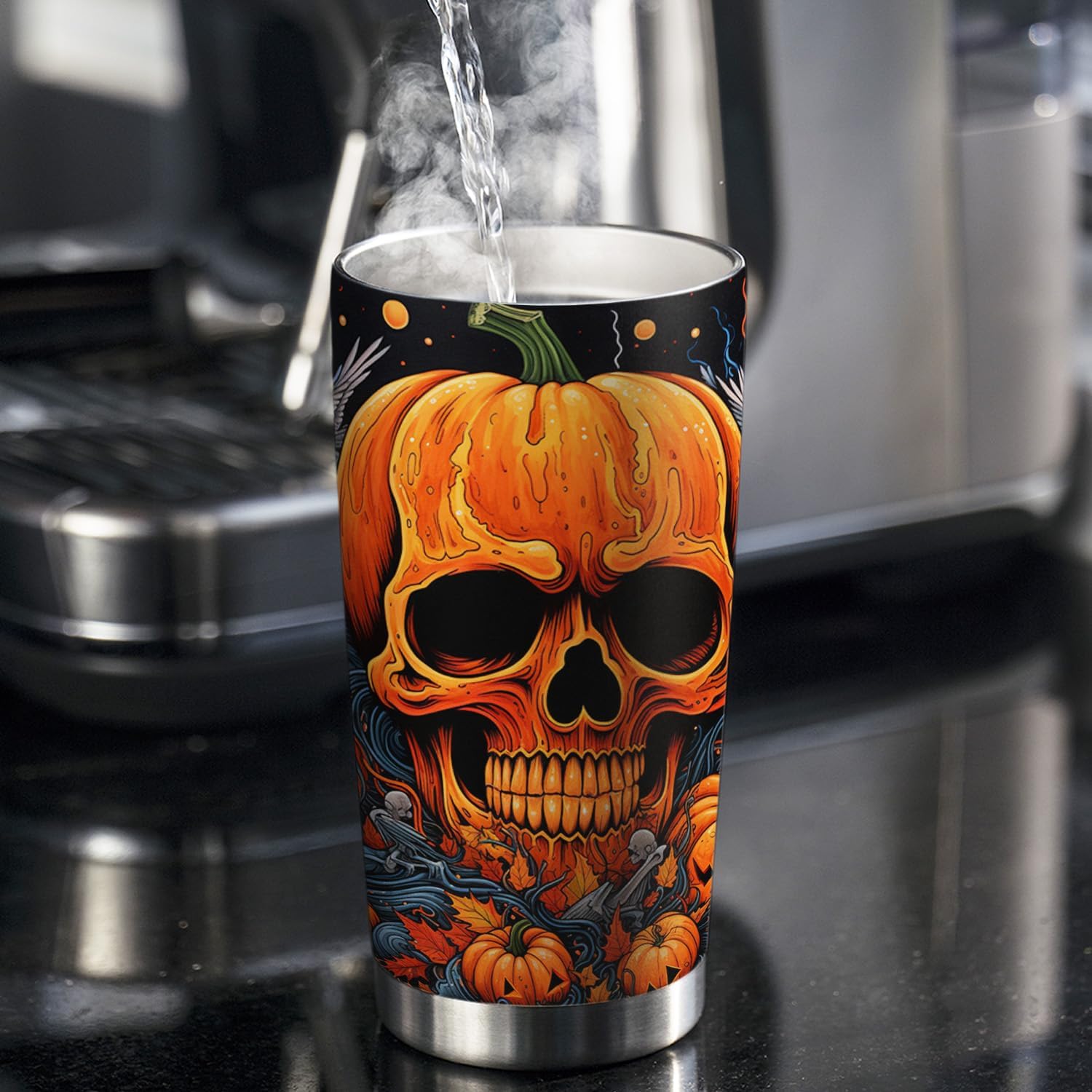 Vaso de Halloween de 20 onzas, vaso de calavera, vaso de calavera de calabaza de Halloween, taza de viaje aislada con tapa, termo de café para