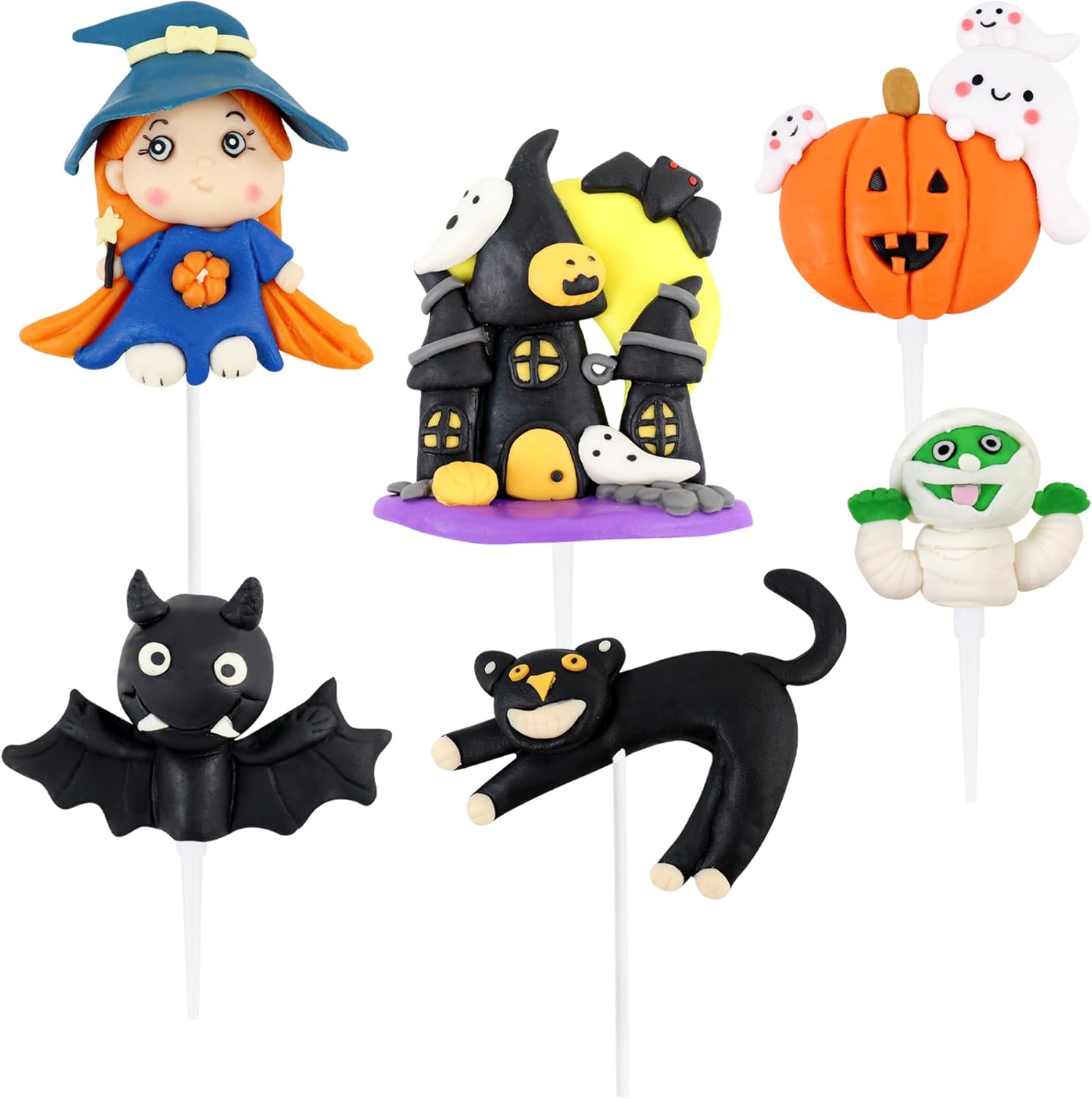 Ercadio Paquete de 6 adornos de resina 3D para tartas de Halloween, castillo de bruja, gato, palillos para tartas de Halloween, calabaza,