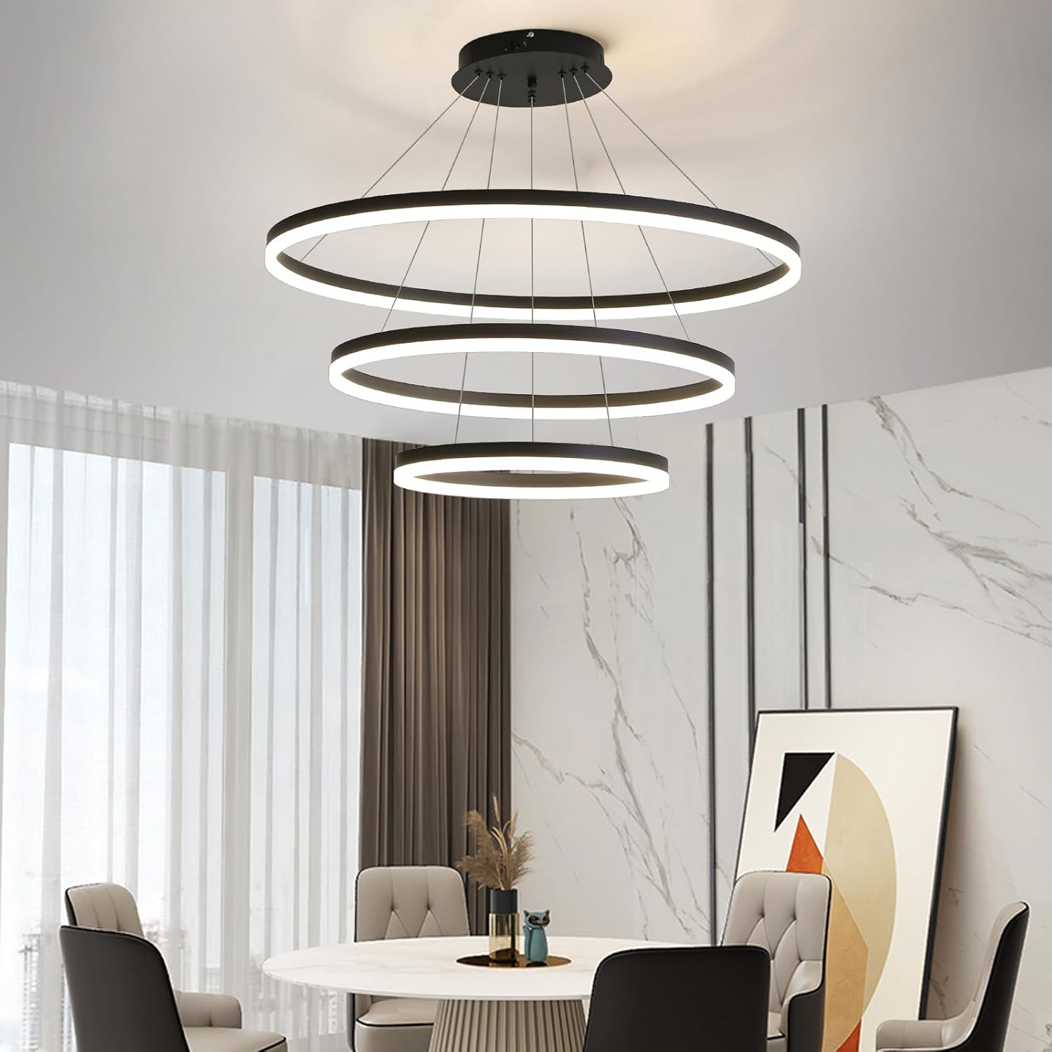 Lámpara de techo moderna, acrílico antiparpadeo negro, lámpara colgante con control remoto, regulable, 3 modos de color y luces de isla de brillo