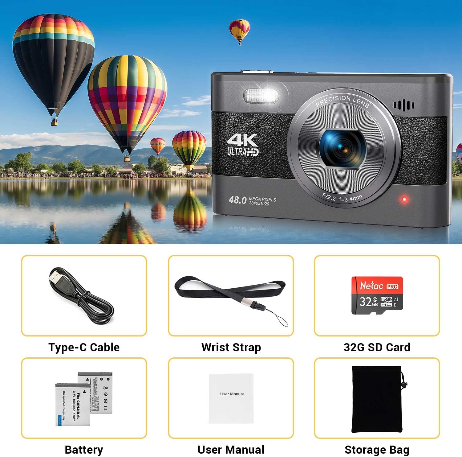 Cámara digital 4K, cámara de vlogging de 48 MP para fotografía, cámara compacta de viaje de YouTube con flash, zoom digital 18X, tarjeta SD de 32 G