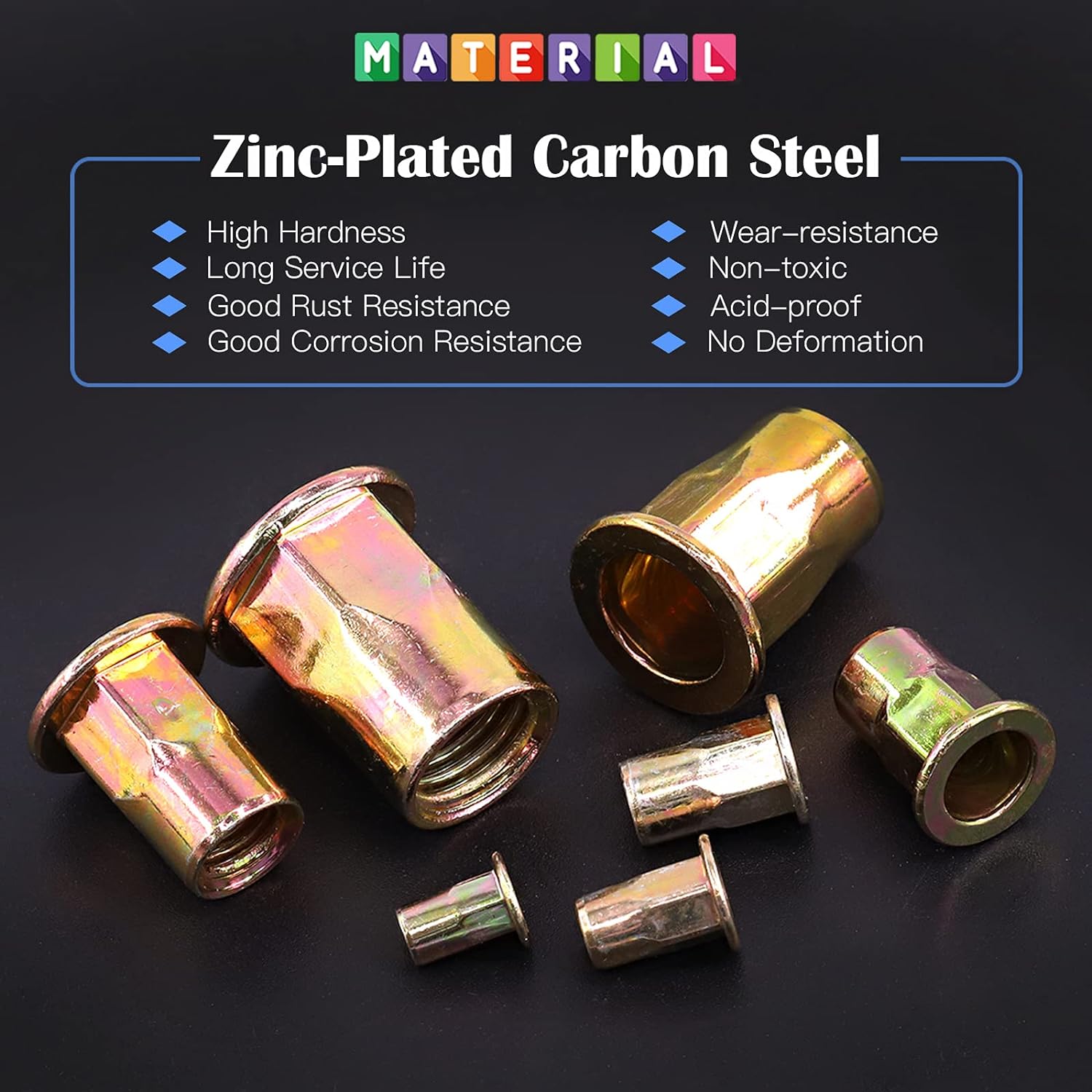 Glarks Juego de 60 tuercas de remache de brida de cuerpo hexagonal M6 de acero al carbono chapadas en zinc, cabeza plana roscada, tuerca de