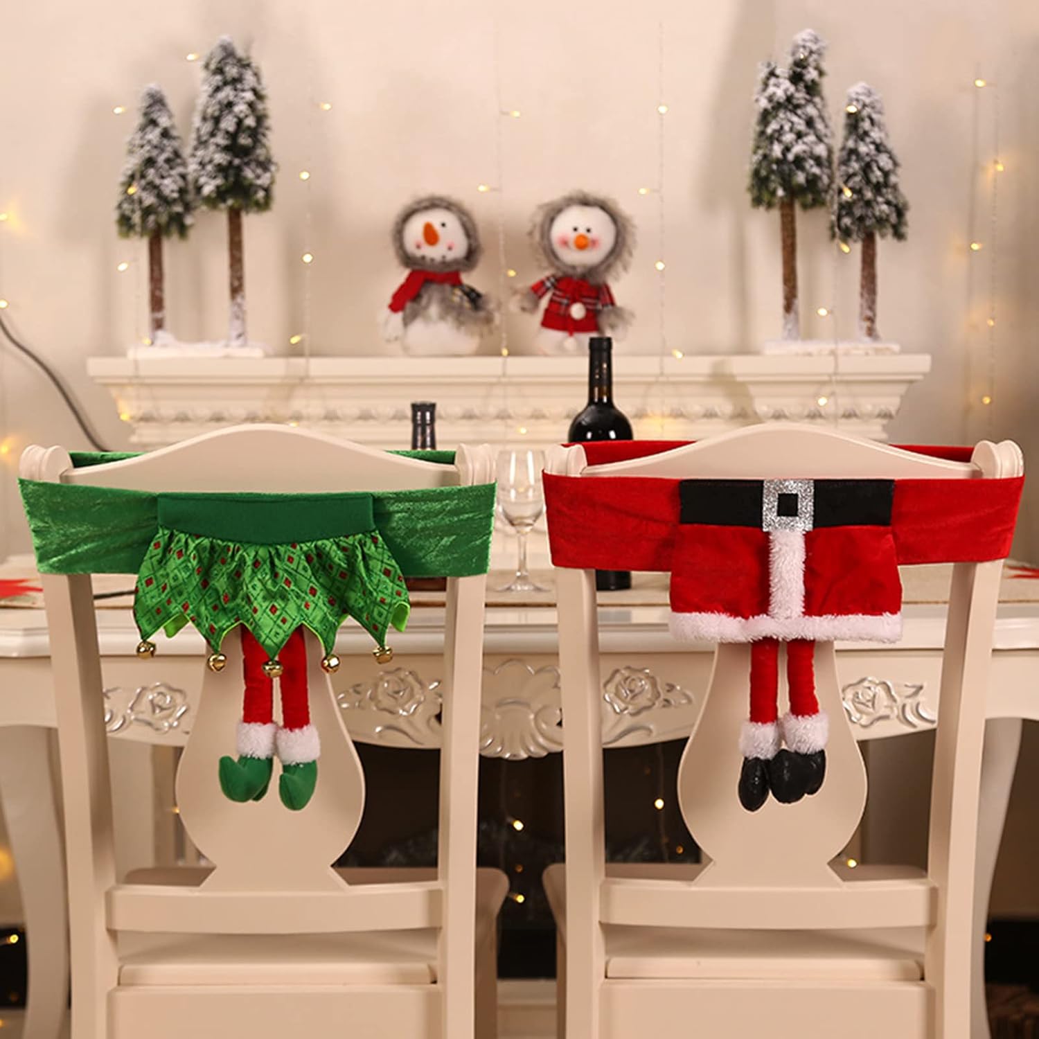 WYSRJ 4 piezas de cubierta trasera de silla de Navidad Santa Claus elfo fundas fundas de mesa de comedor de Navidad para el hogar, suministros de