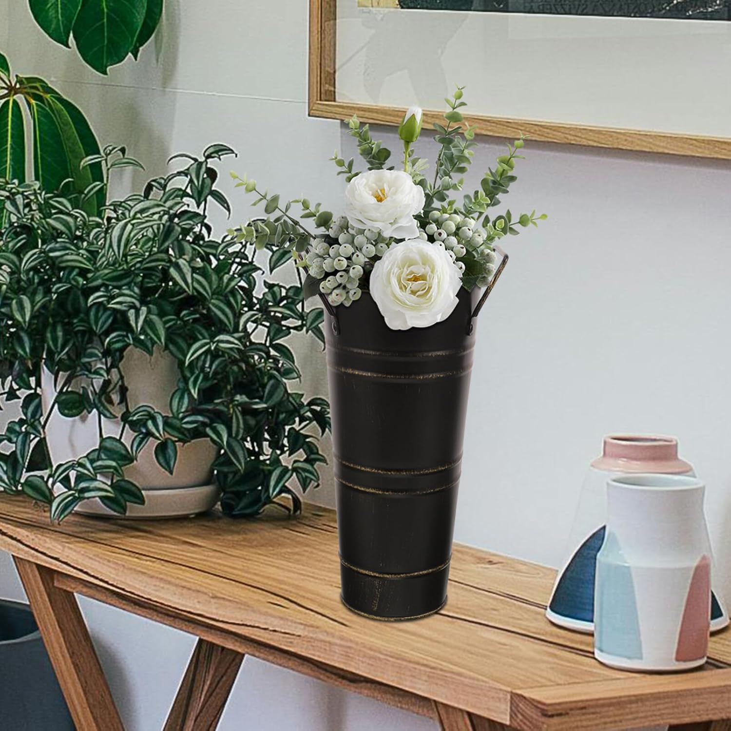 Veemoon Soporte de cubo de flores francesas, pequeño estante de metal para paraguas rústico, jarrón galvanizado para boda, hogar, cocina, mesa,