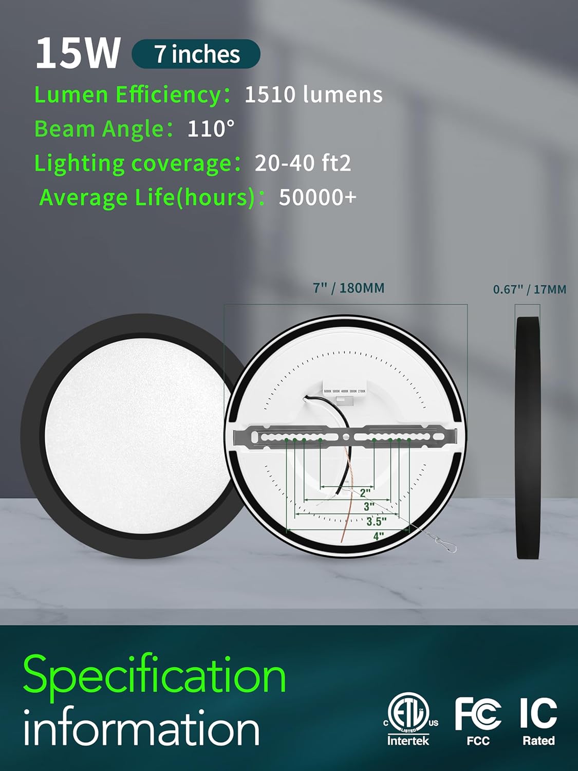Lámpara LED de techo empotrada, regulable 5CCT seleccionable 2700K3000K4000K5000K6000K, 7 pulgadas, 15 W, accesorio de iluminación redondo ultrafino
