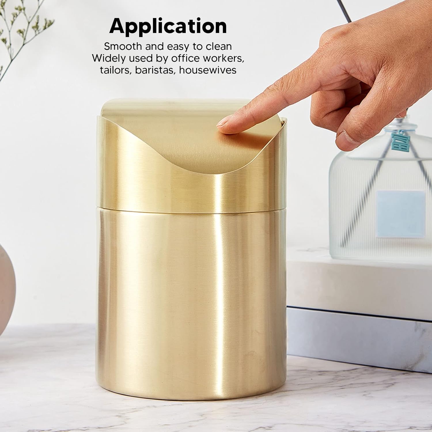 Papelera de escritorio de acero inoxidable, mini bote de basura con tapa, pequeño basurero, tapa abatible superior, papelera compacta para encimera