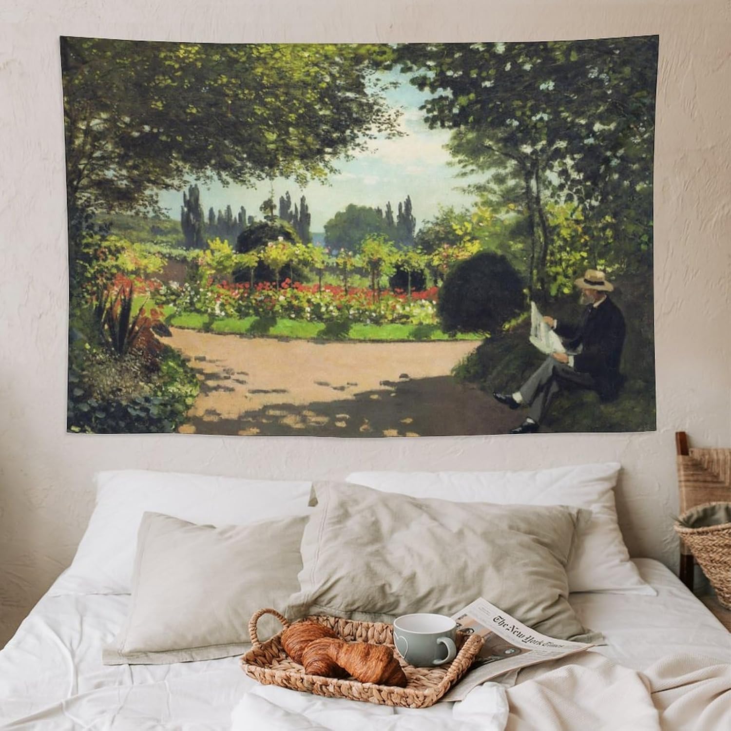 SAYFUR Claude Monet Tapiz Monet Reading in The Garden, 1866 Tapiz decorativo para pared, sala de estar, dormitorio, impresiones de 60 x 90 pulgadas
