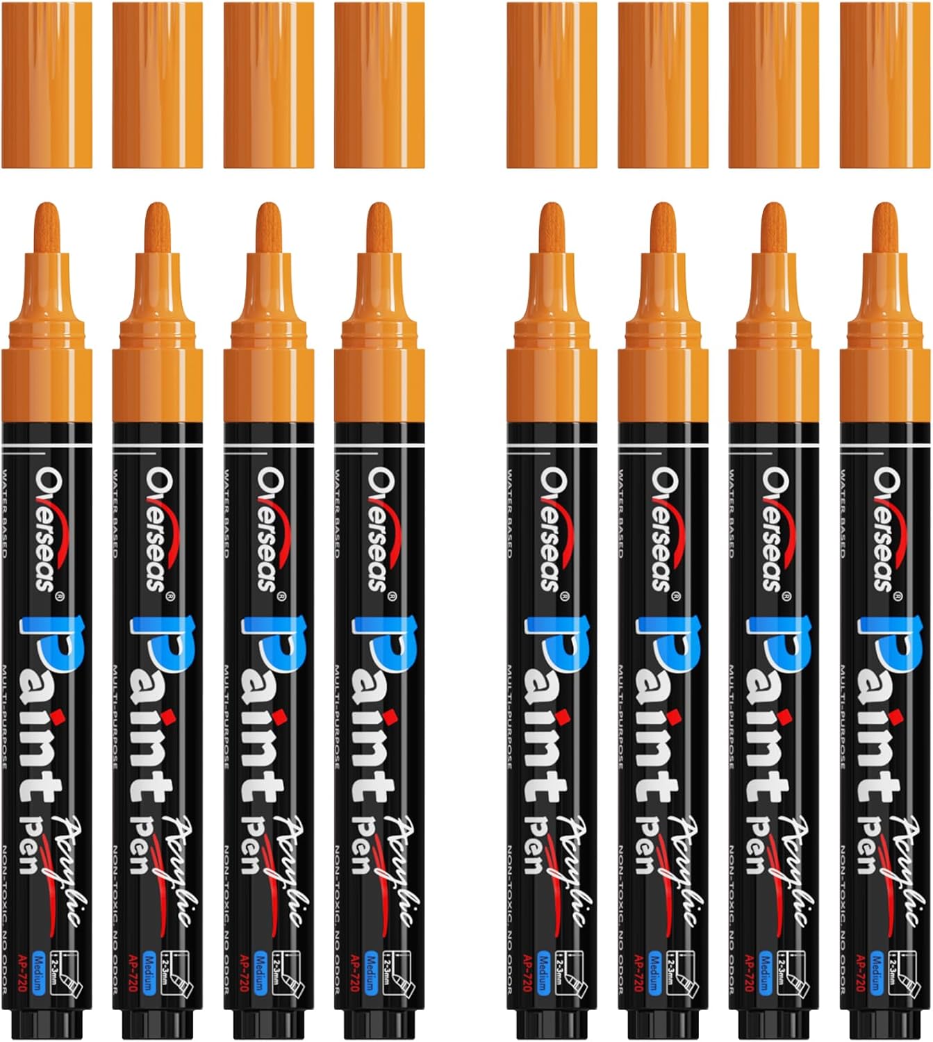Overseas Rotuladores de pintura naranja  Marcadores acrílicos permanentes, paquete de 8 unidades, a base de agua, secado rápido, resistente al agua