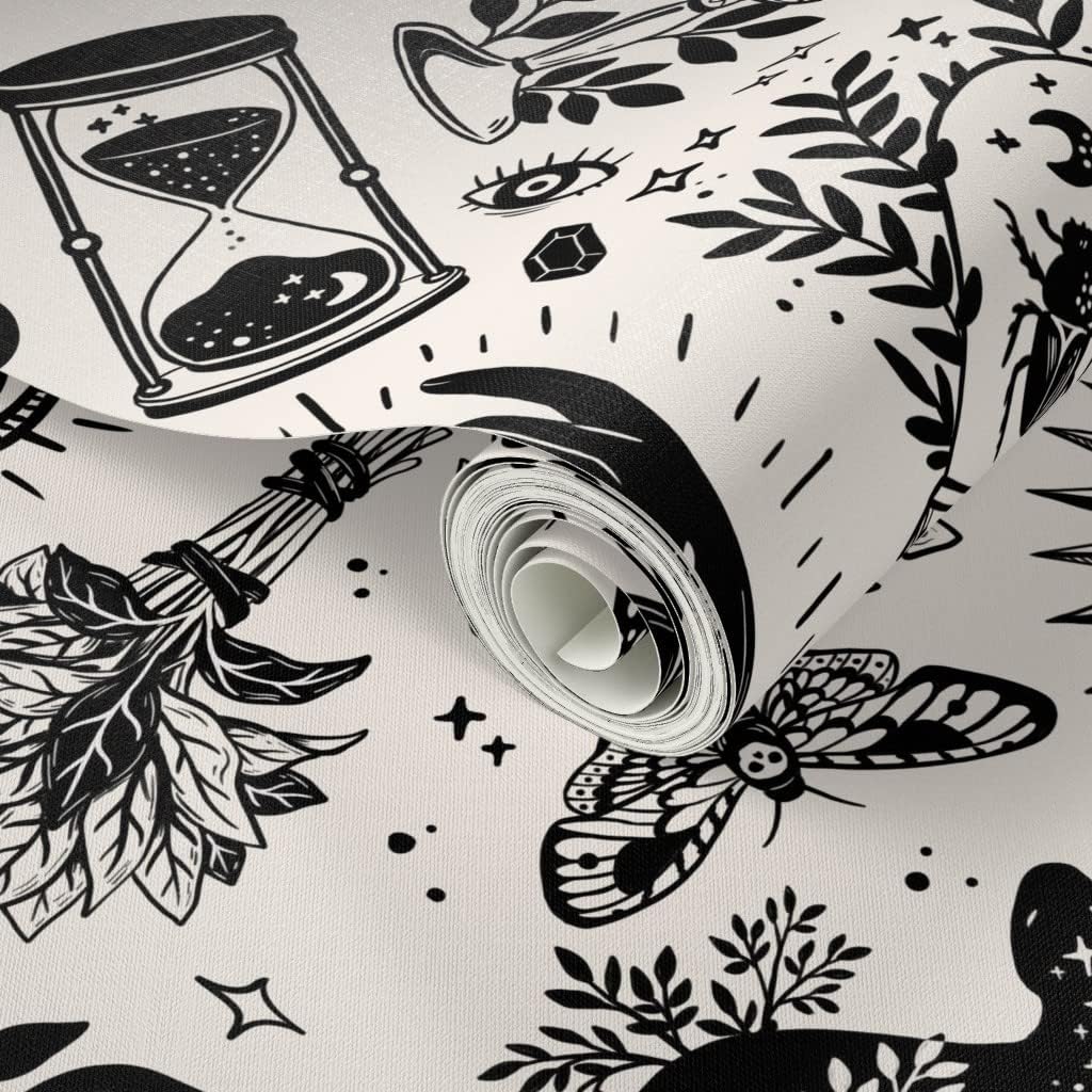 Spoonflower Papel tapiz para despegar y pegar, color negro, blanco, gótico, gótico, mágico, de Halloween, bruja, monocromático, extraíble,