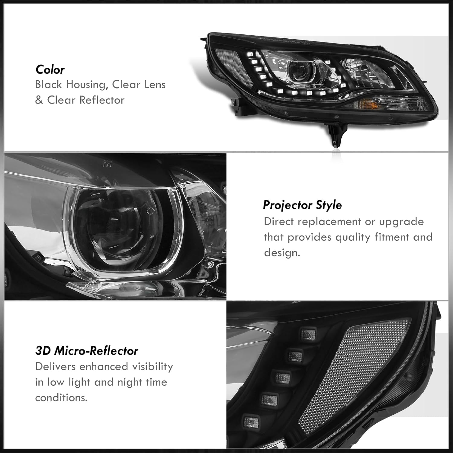 AJP Distributors Carcasa negra transparente reflector LED DRL Bar Halo proyector faros parachoques señal lámparas conjunto compatiblereemplazo para