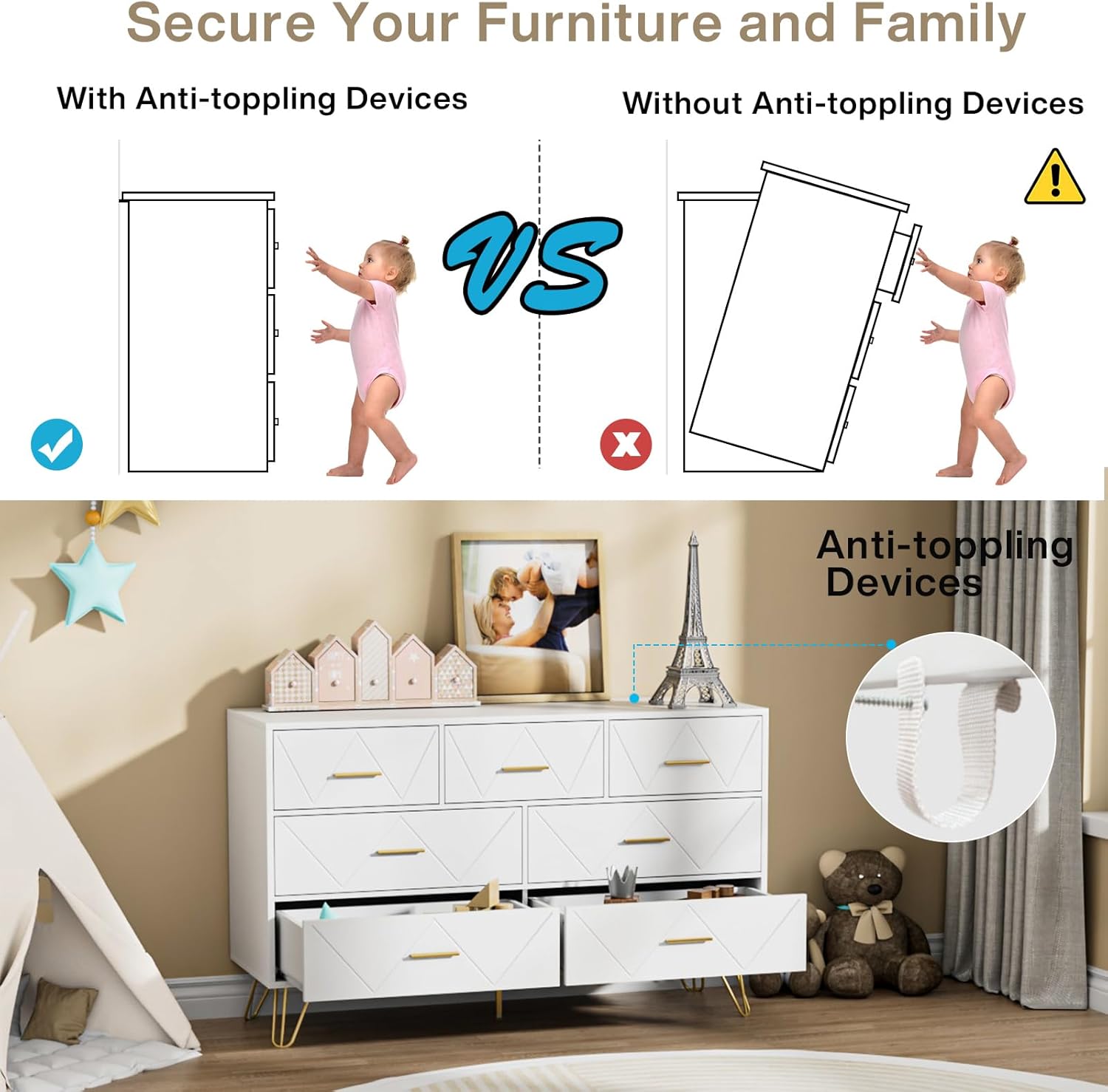 JOZZBY Cómoda para dormitorio, cómoda de 7 cajones, cómoda blanca con asas doradas, cómodas modernas y cómodas, cómoda para niños, para dormitorio,