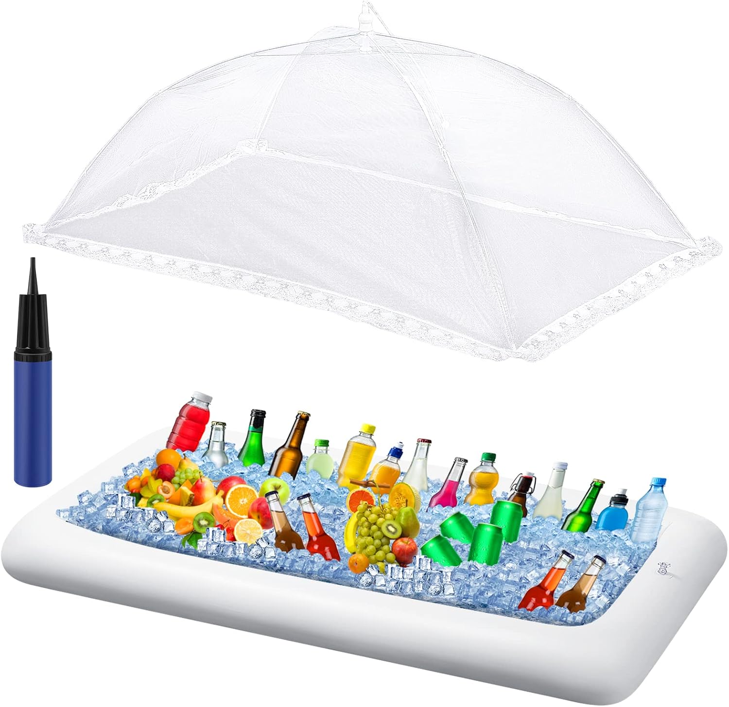 Leitee Kit de barra inflable para servir incluye bandeja de buffet de ensalada con tapón de drenaje, cubierta de malla para alimentos, bebidas,